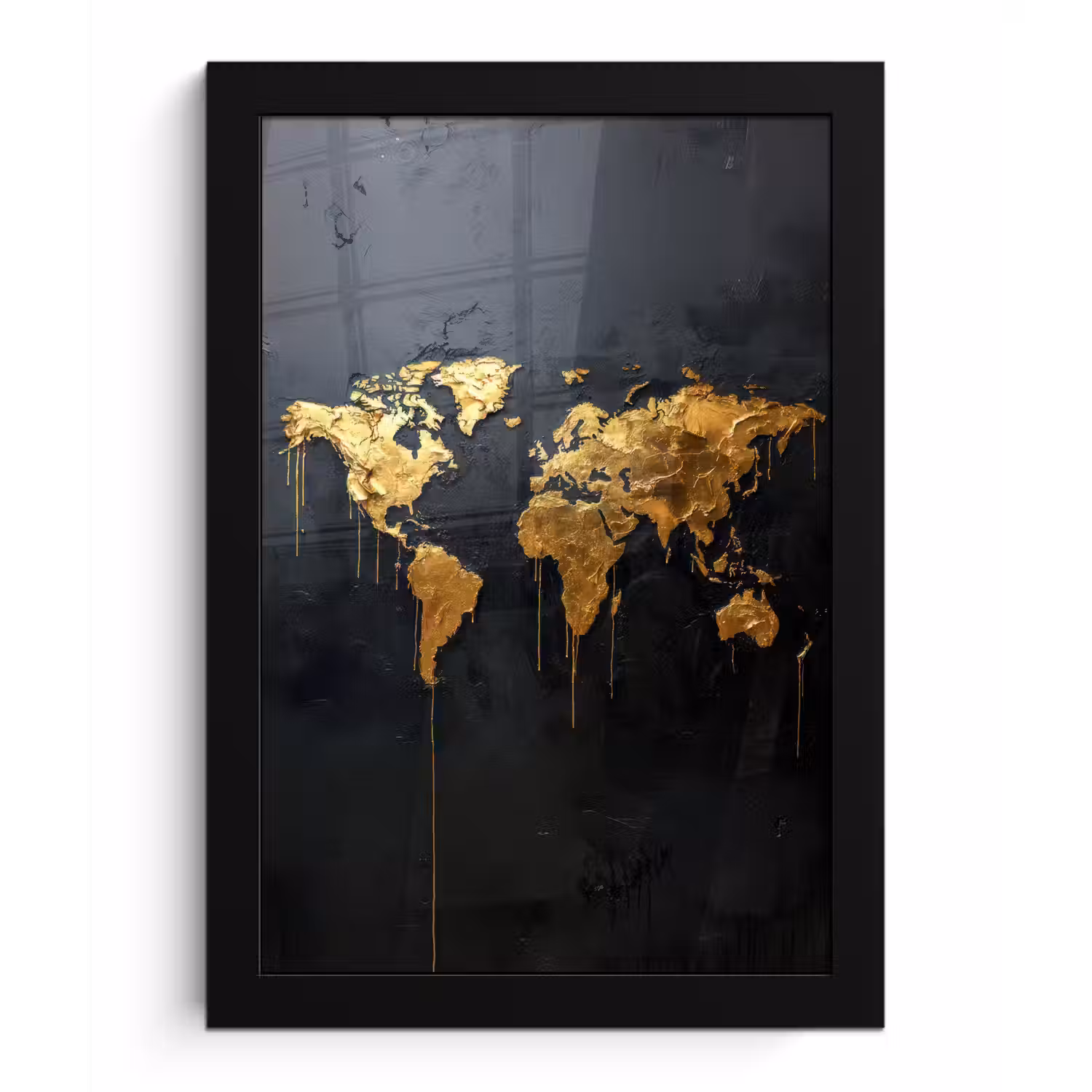 Wereldkaart - Gouden verf - Druppels - Zwart fotolijst zwart zonder passe partout klein -3d