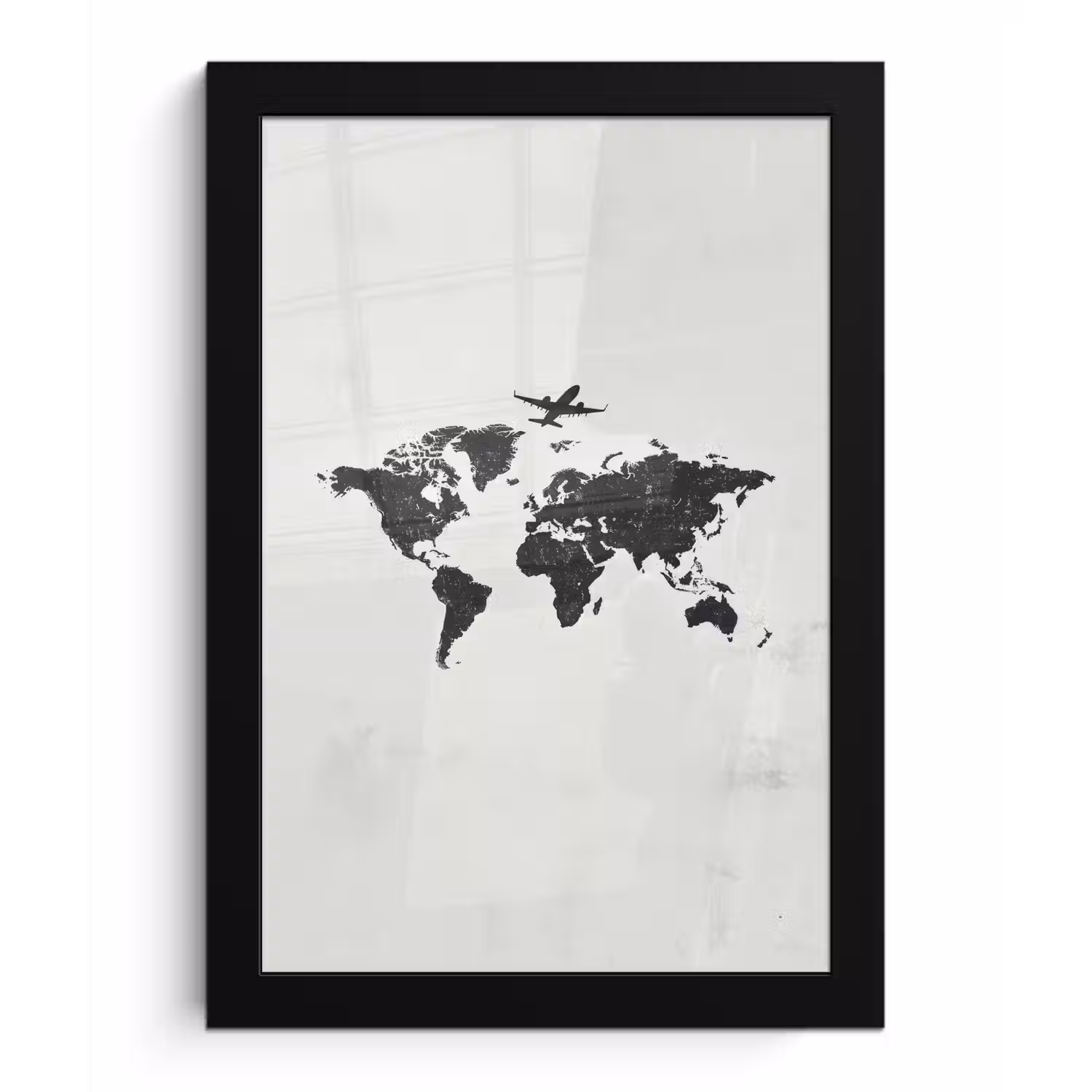 Wereldkaart - Grijs - Zwart - Vliegtuig fotolijst zwart zonder passe partout klein -3d