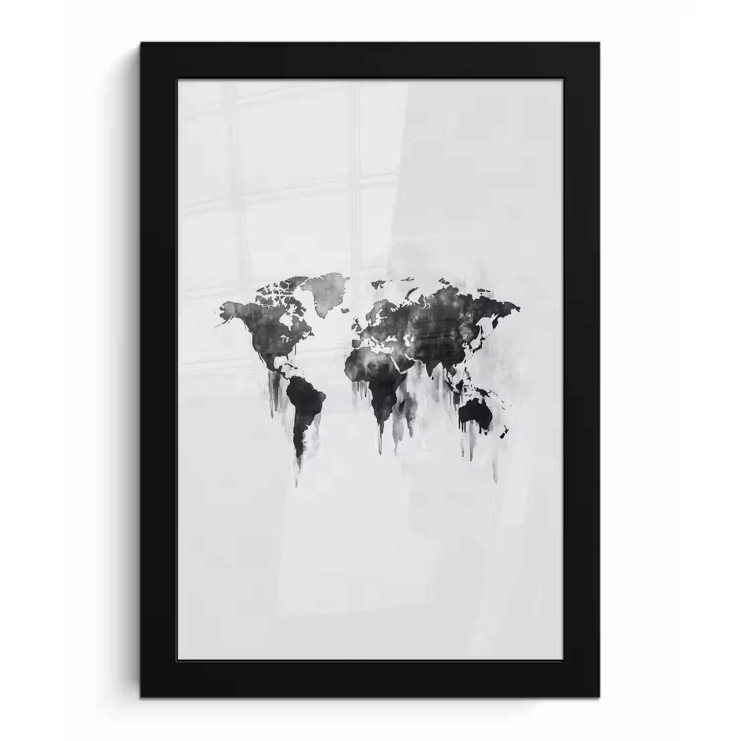 Wereldkaart - Grijs - Zwart - Inkt fotolijst zwart zonder passe partout klein -3d
