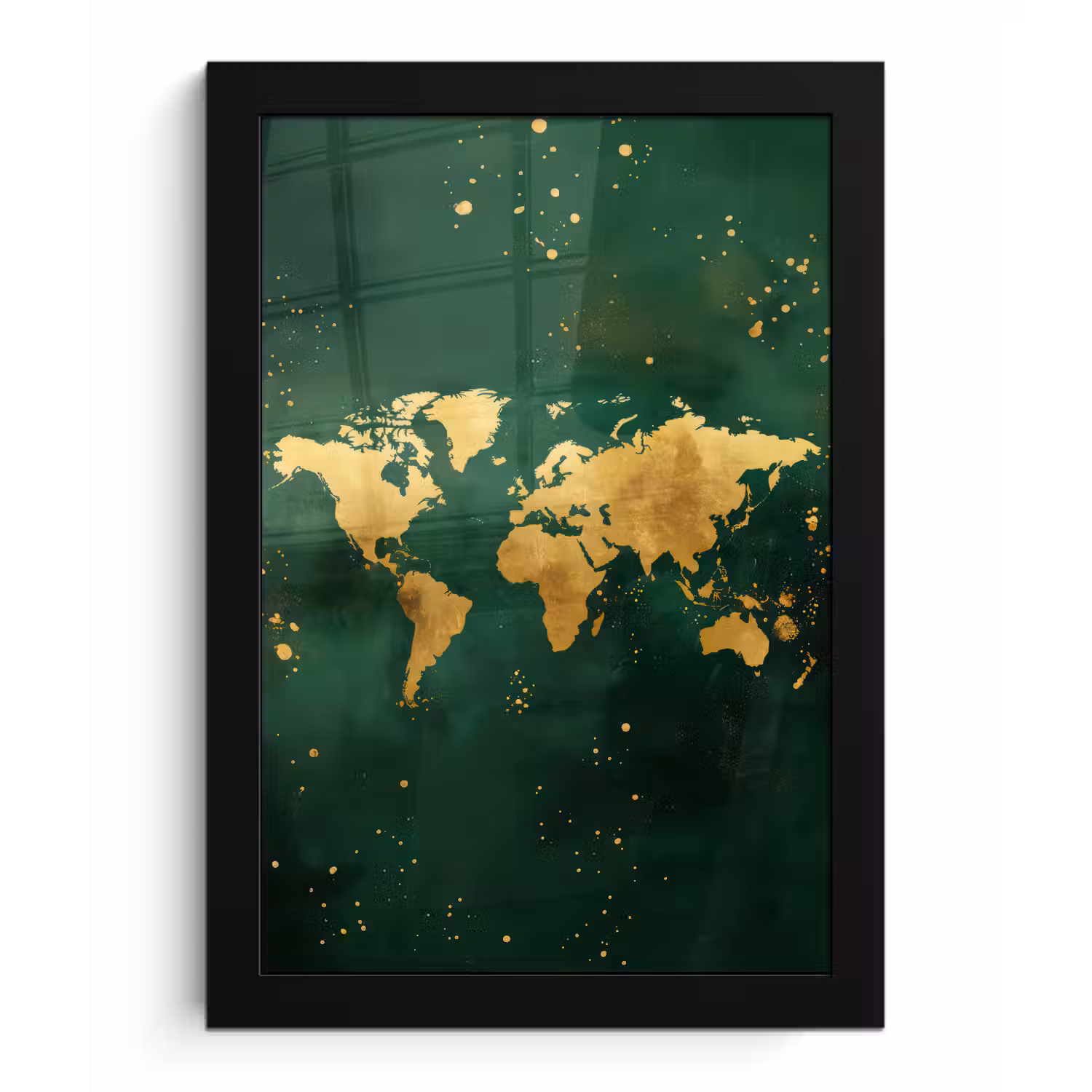 Wereldkaart - Groen - Goud fotolijst zwart zonder passe partout klein -3d