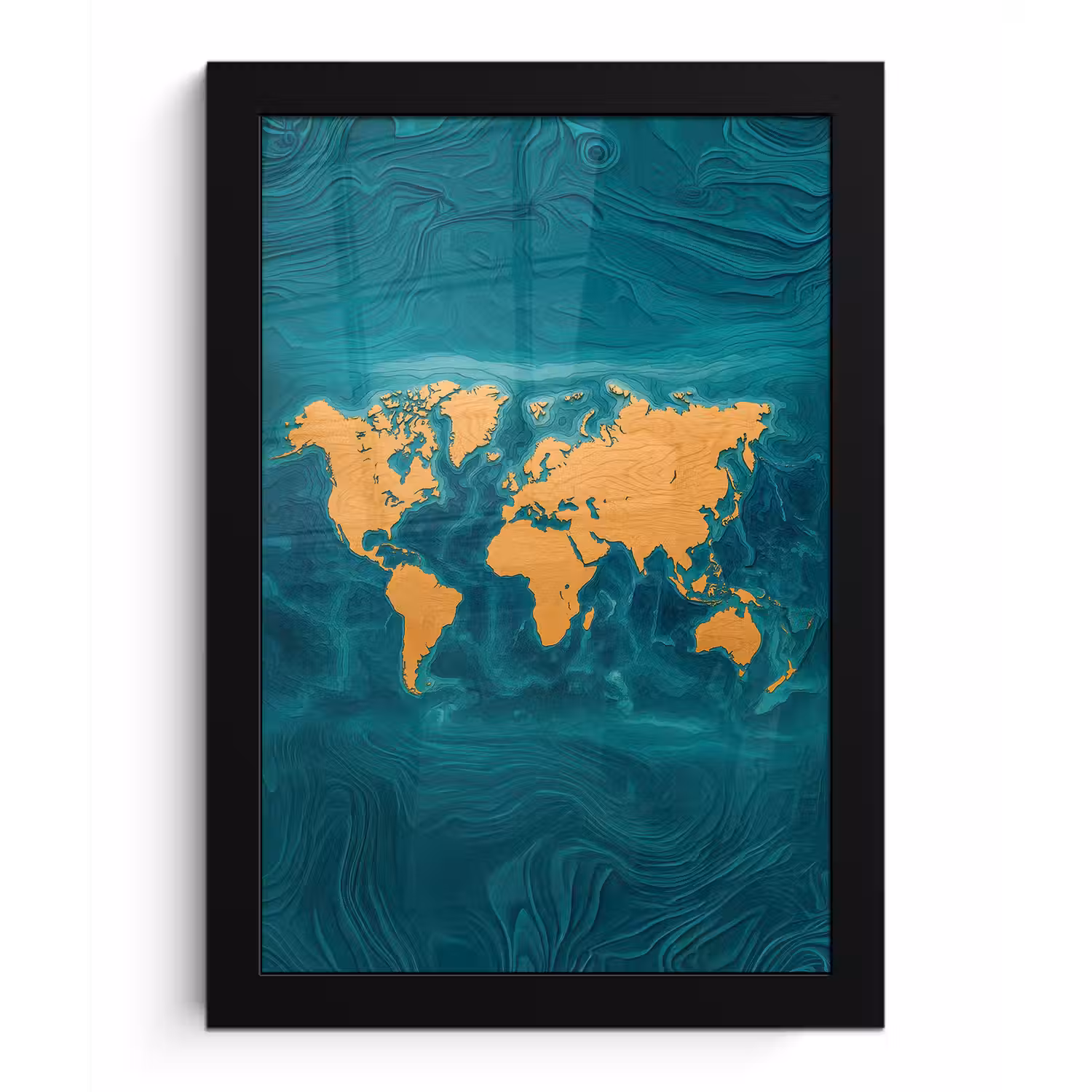 Wereldkaart - Houtsnede - Turkooisblauw fotolijst zwart zonder passe partout klein -3d