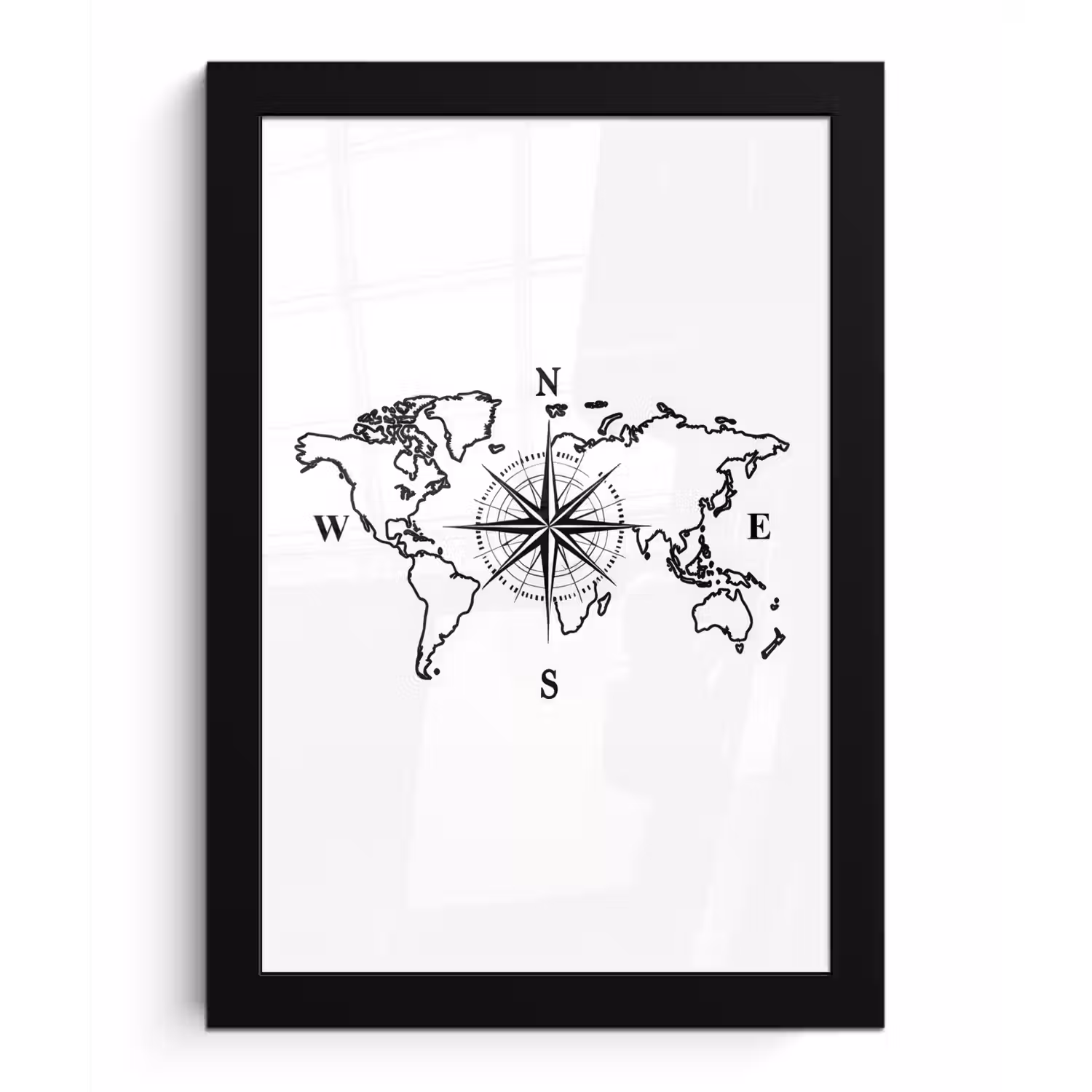 Wereldkaart - Kompas - Minimalistisch fotolijst zwart zonder passe partout klein -3d
