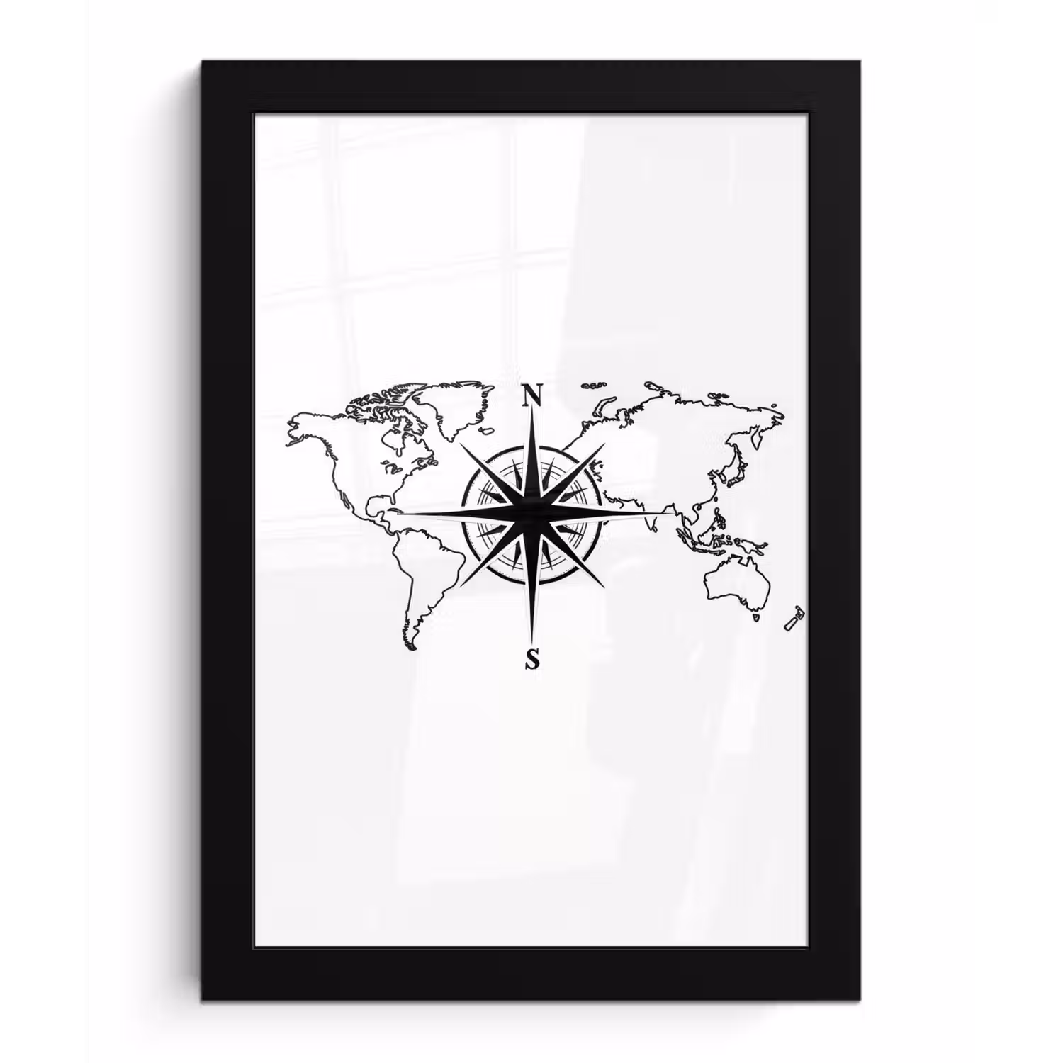 Wereldkaart - Kompas - Zwart - Wit fotolijst zwart zonder passe partout klein -3d