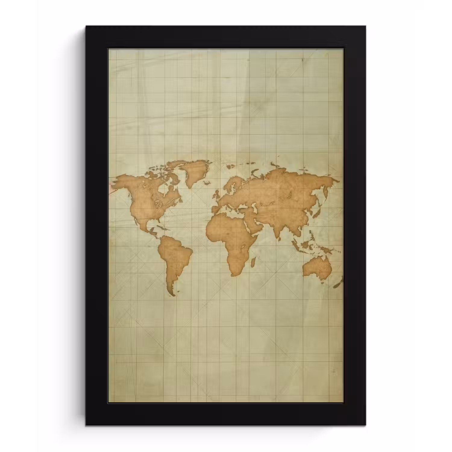 Wereldkaart - Kompasraster -Ruw fotolijst zwart zonder passe partout klein -3d