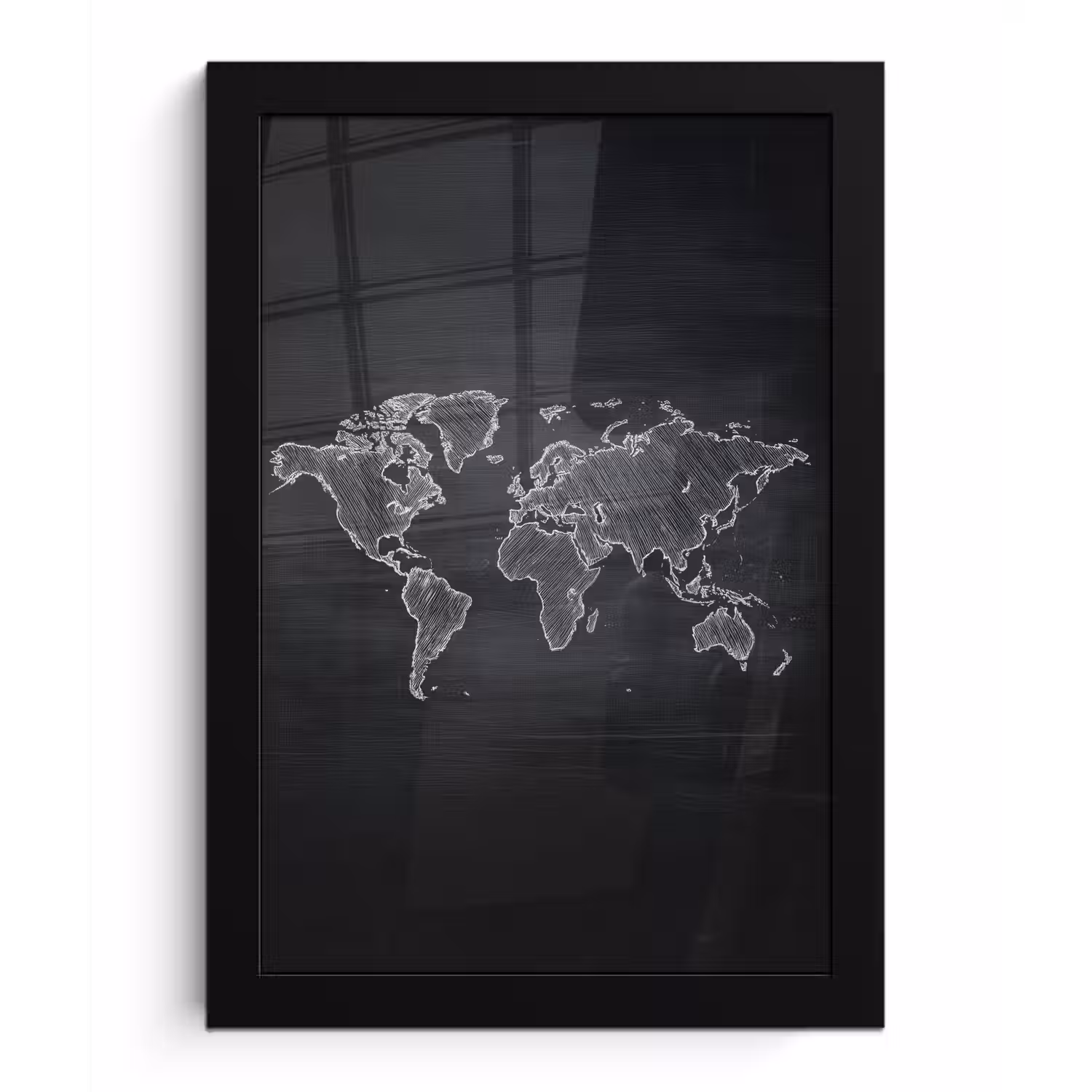 Wereldkaart - Krijt - Zwart - minimalistisch fotolijst zwart zonder passe partout klein -3d