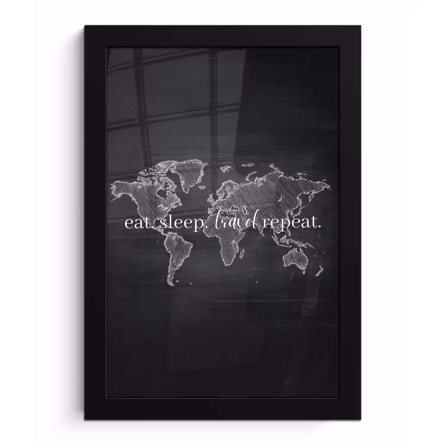 Wereldkaart - Krijt - Quote - Zwart fotolijst zwart zonder passe partout klein -3d