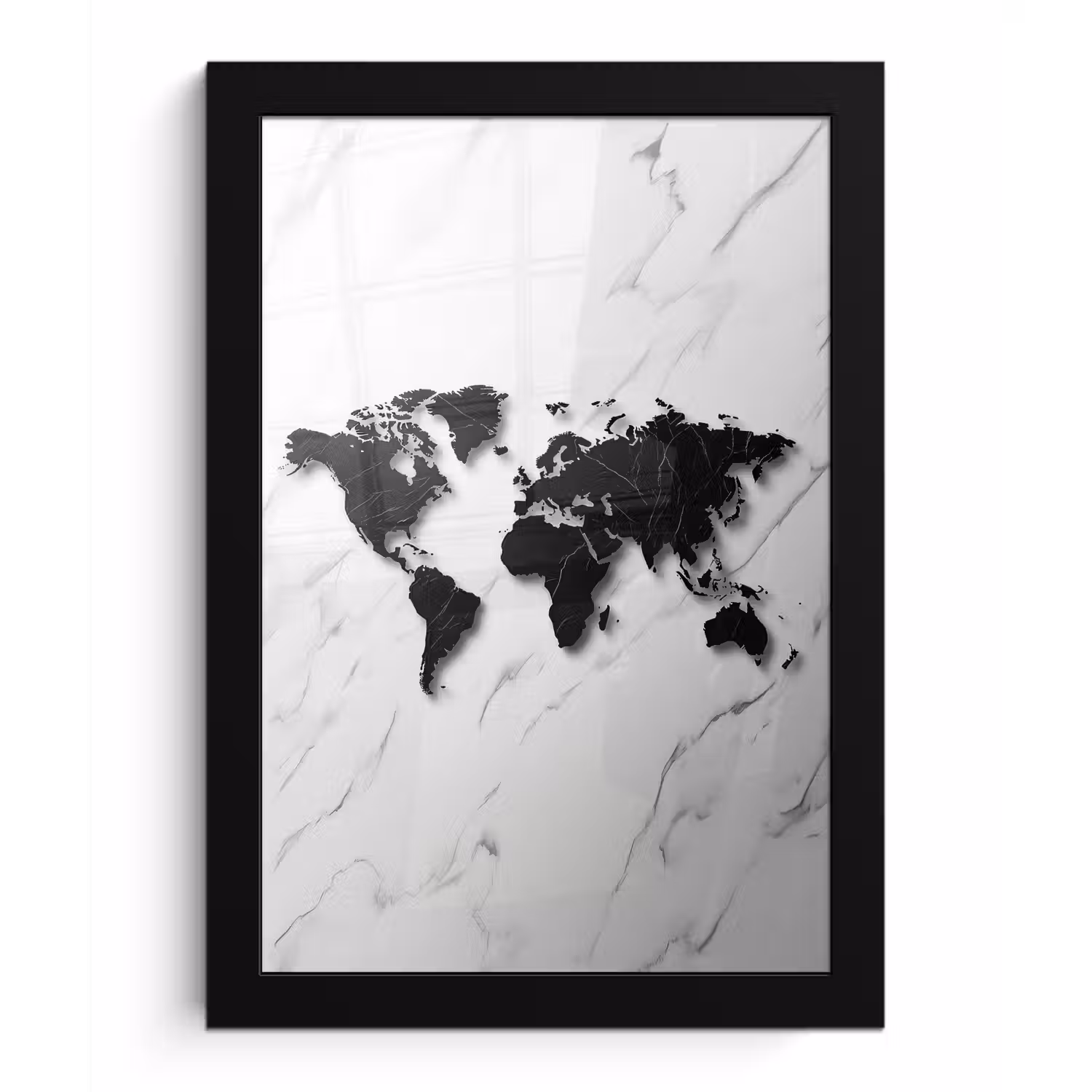 Wereldkaart - Marmer - Wit - Zwart fotolijst zwart zonder passe partout klein -3d