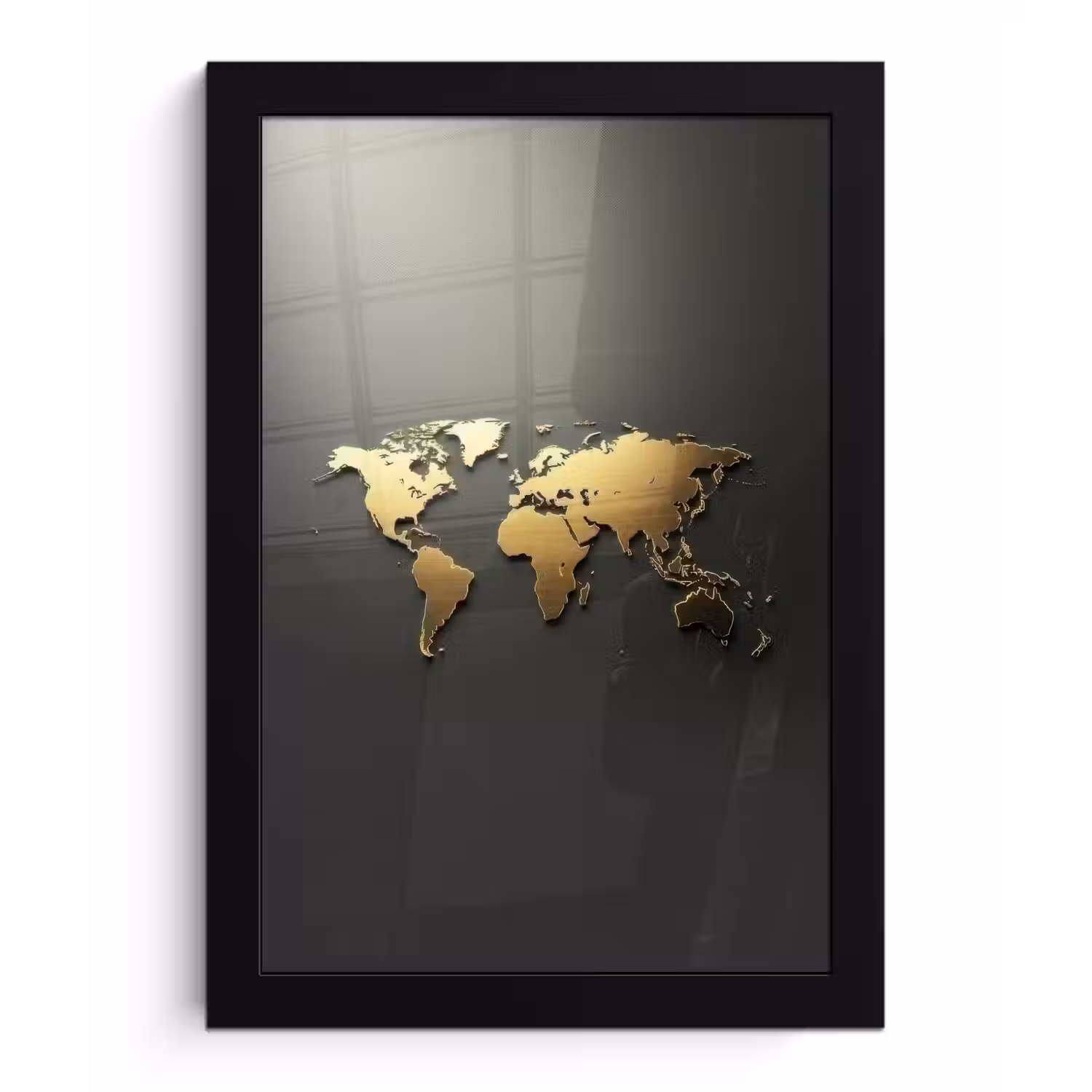 Wereldkaart - Minimalistisch - Gouden afwerking fotolijst zwart zonder passe partout klein -3d