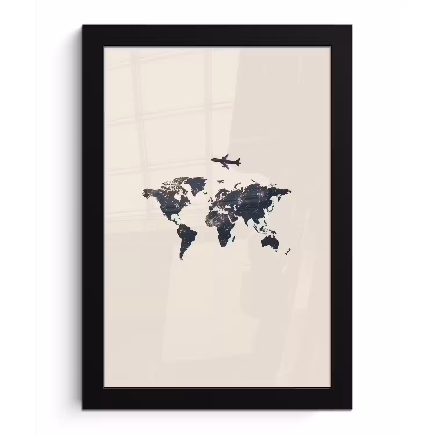 Wereldkaart - Minimalistisch - Grijs - Vliegtuig fotolijst zwart zonder passe partout klein -3d