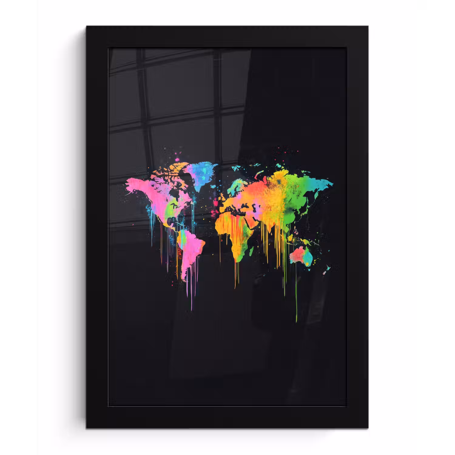 Wereldkaart - Neon - Kleurrijk - Spatten fotolijst zwart zonder passe partout klein -3d