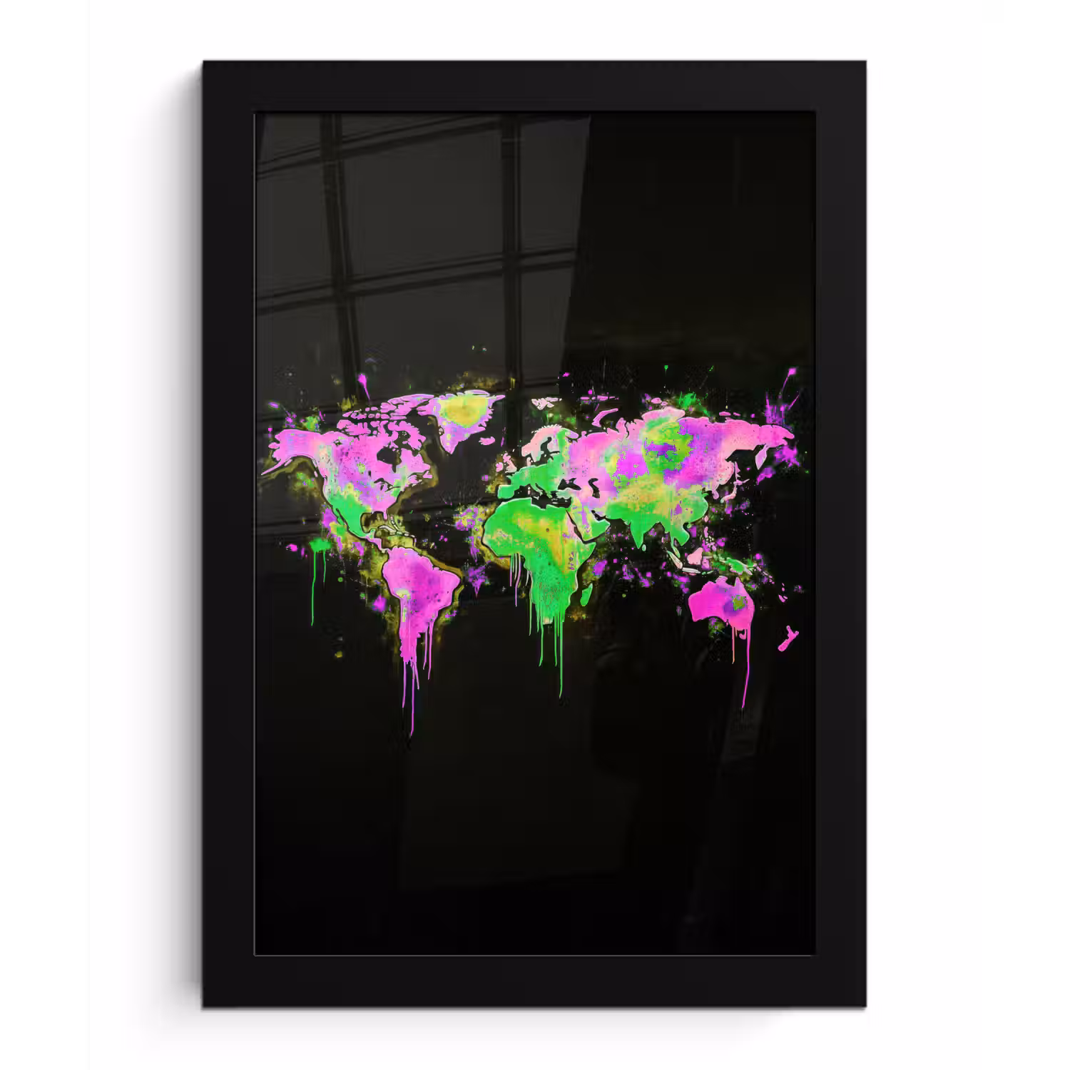 Wereldkaart - Neon - Groen - Roze fotolijst zwart zonder passe partout klein -3d