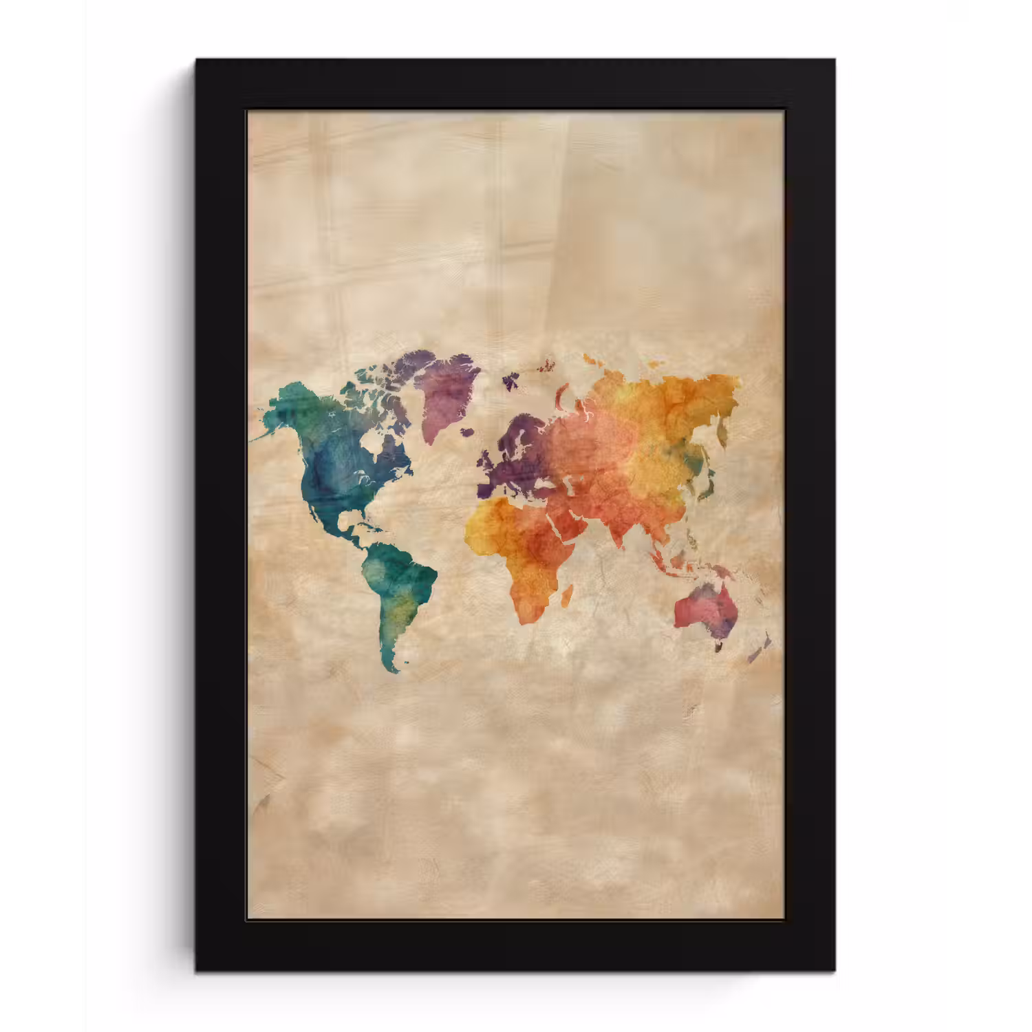 Wereldkaart - Regenboog aquarel - Papierstructuur fotolijst zwart zonder passe partout klein -3d
