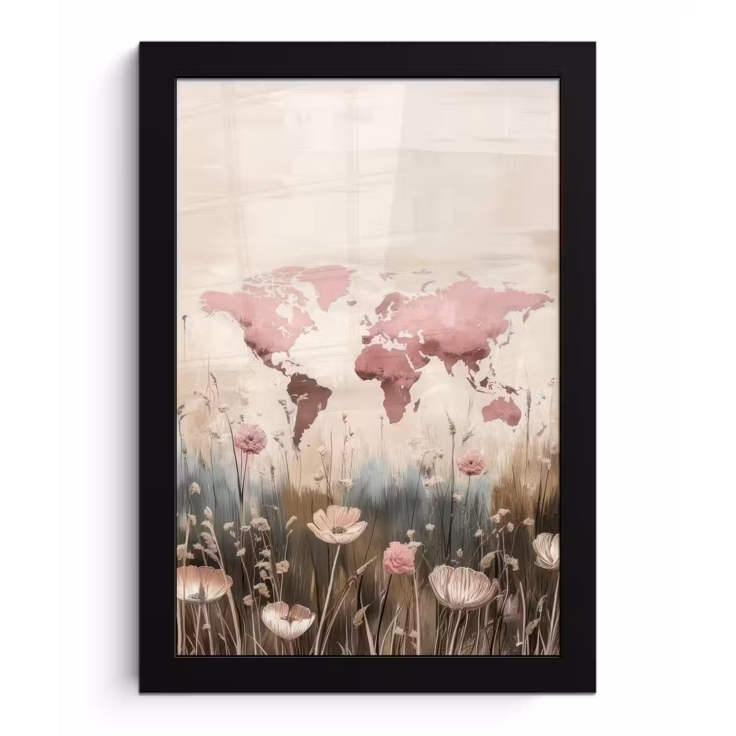 Wereldkaart - Roze - Bloemen fotolijst zwart zonder passe partout klein -3d