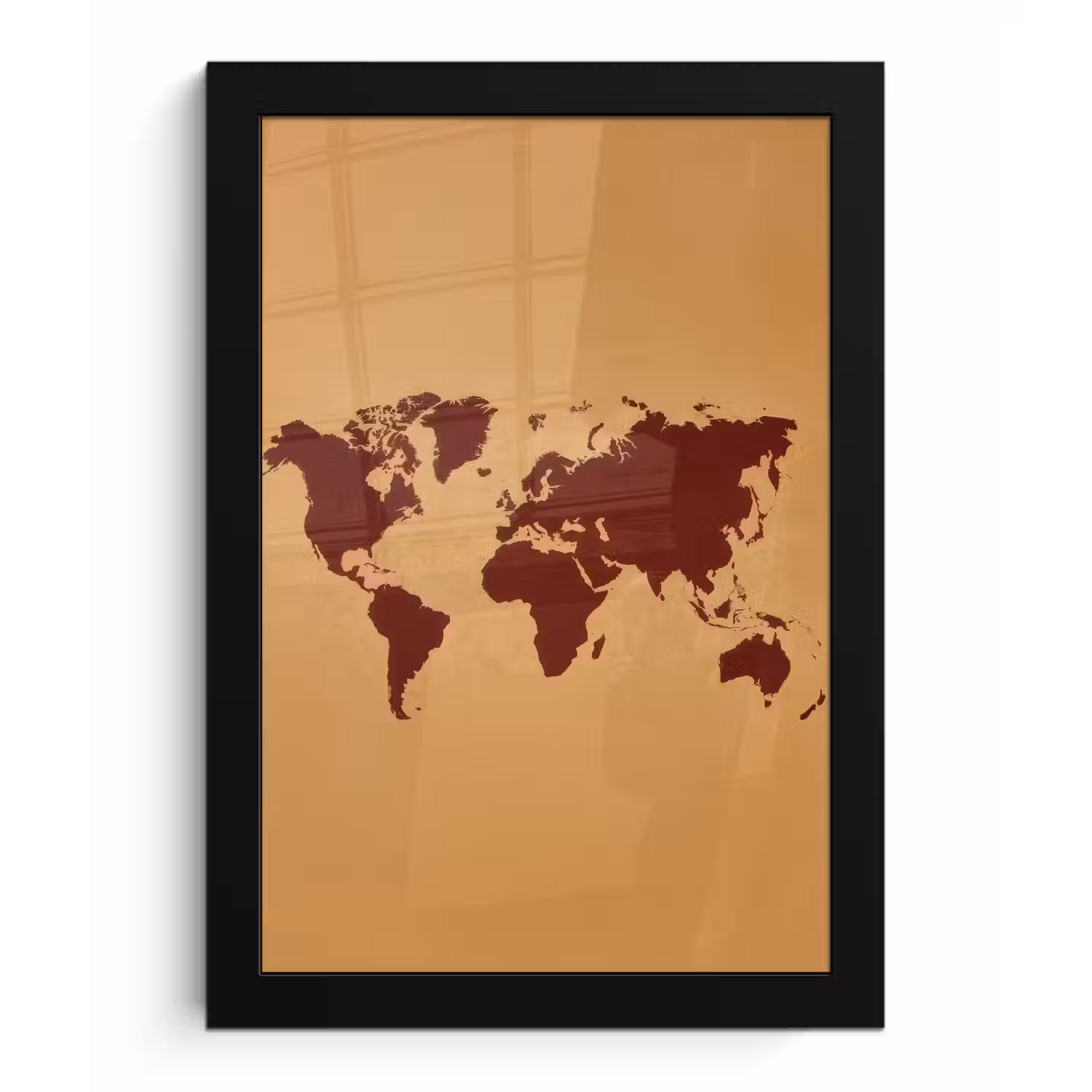 Wereldkaart - Roodbruin silhouet - Sterk kleurcontrast fotolijst zwart zonder passe partout klein -3d