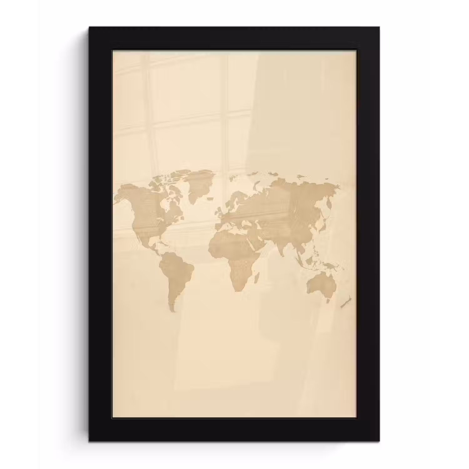 Wereldkaart - Zandkleurig - Minimalistisch fotolijst zwart zonder passe partout klein -3d