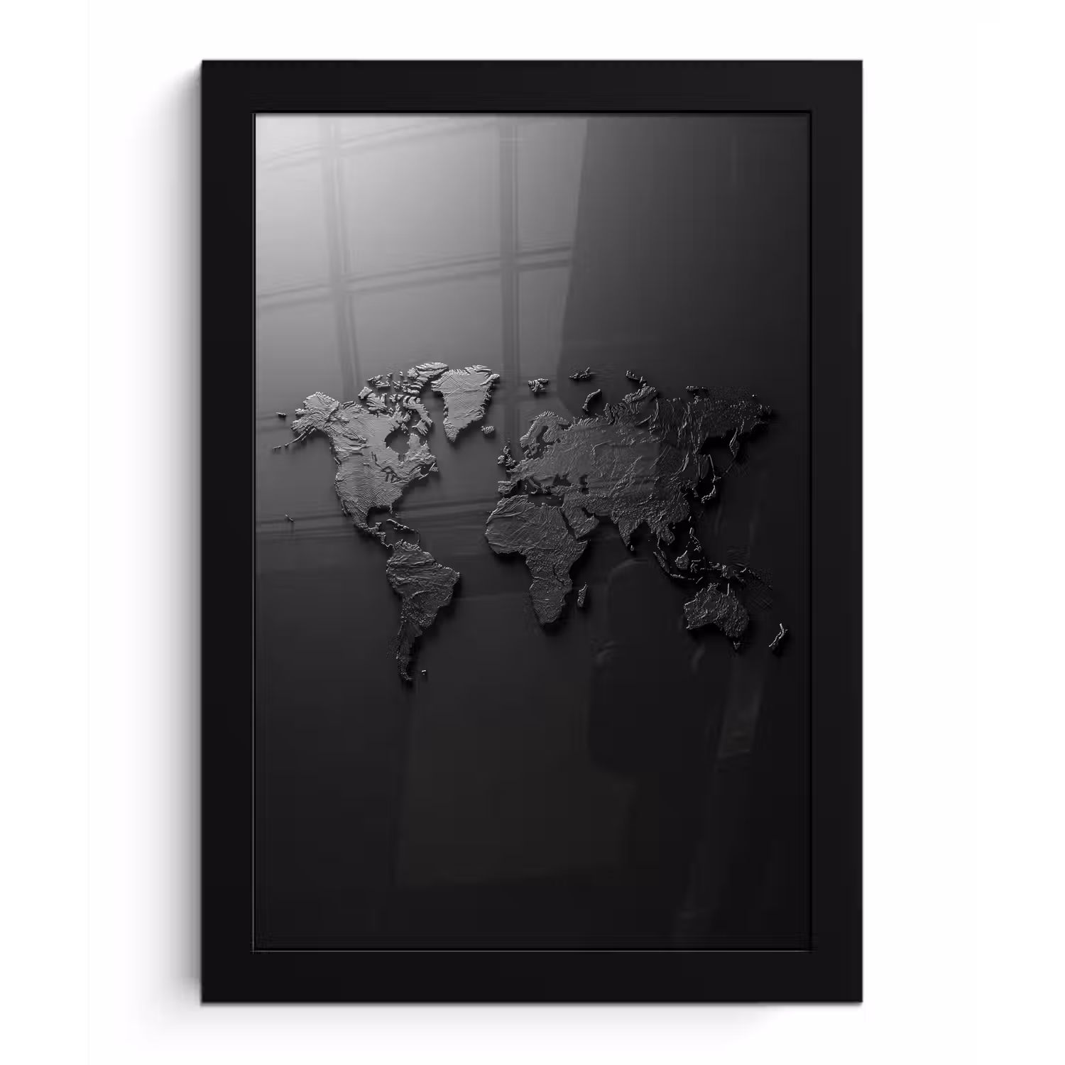 Wereldkaart - Zwart - Grijs fotolijst zwart zonder passe partout klein -3d