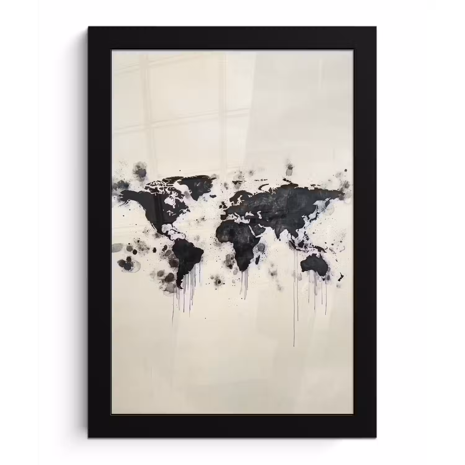Wereldkaart - Zwart - Inkt fotolijst zwart zonder passe partout klein -3d