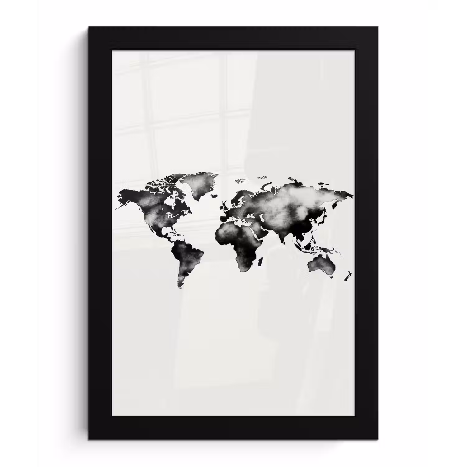 Wereldkaart - Zwart - Inktwassing fotolijst zwart zonder passe partout klein -3d