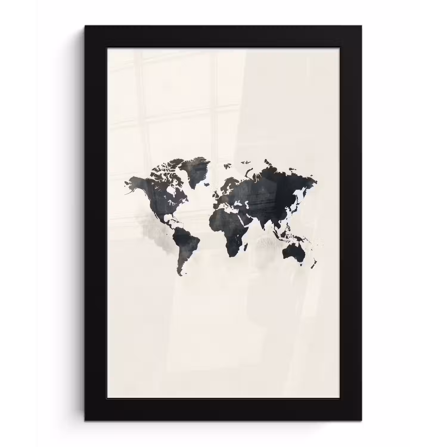 Wereldkaart - Zwart - Wit - Verf fotolijst zwart zonder passe partout klein -3d