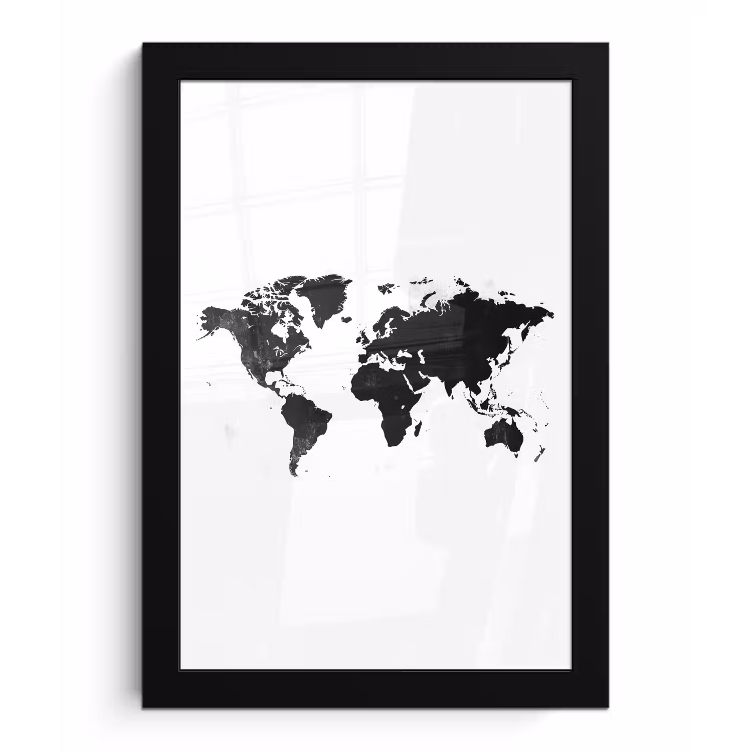 Wereldkaart - Zwart - Wit - Strak fotolijst zwart zonder passe partout klein -3d