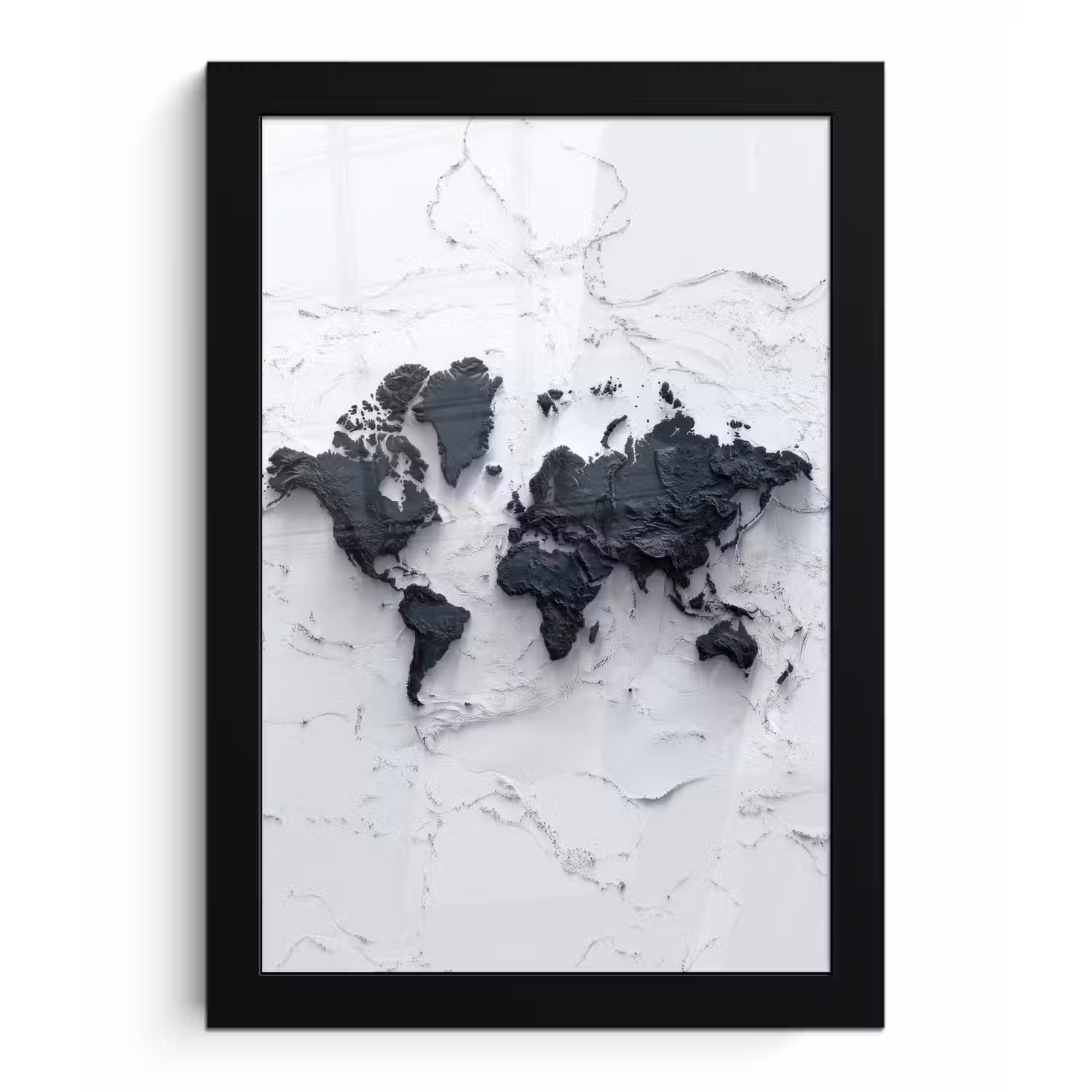 Wereldkaart - Zwarte- Steen fotolijst zwart zonder passe partout klein -3d