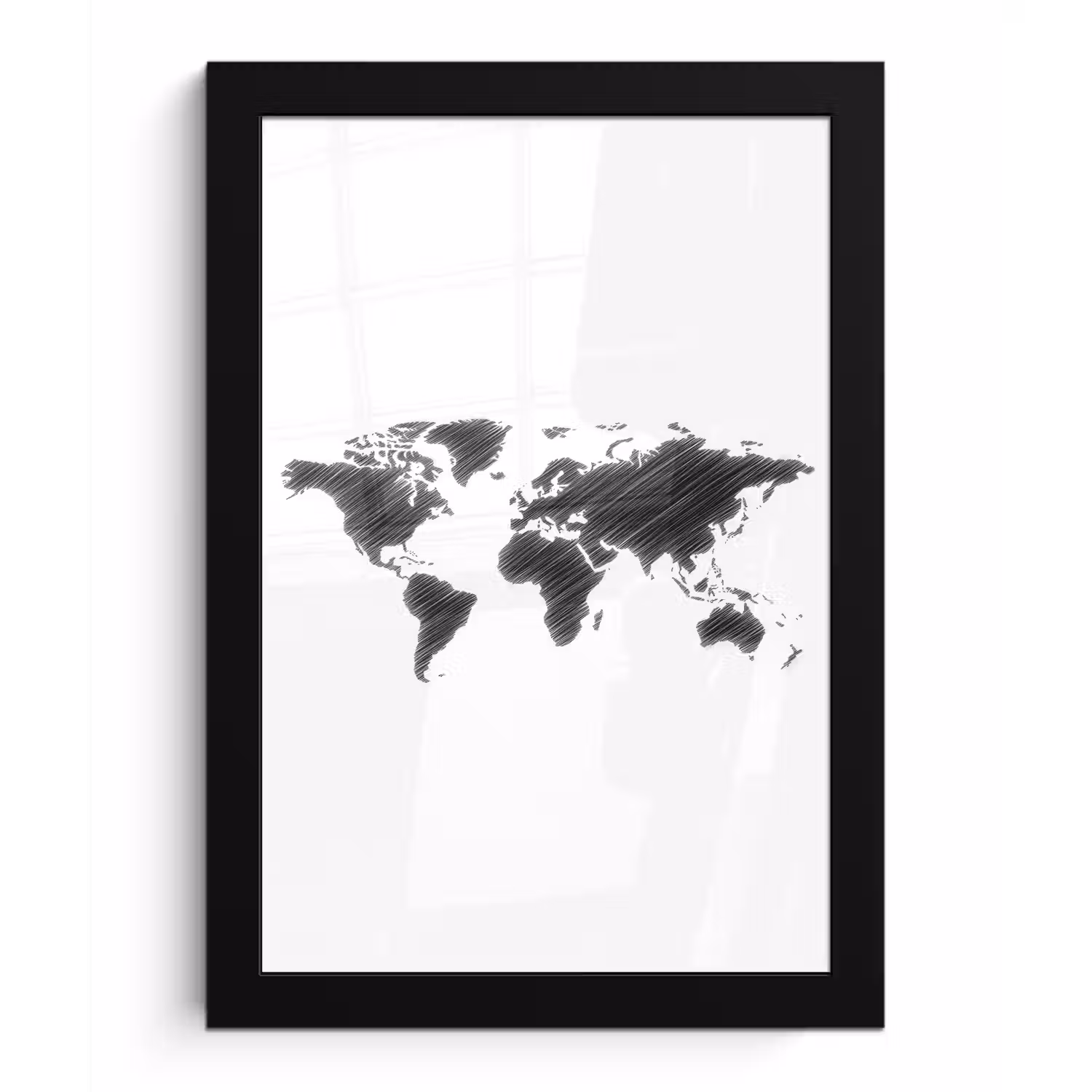 Wereldkaart - Schets - Zwart - Wit fotolijst zwart zonder passe partout klein -3d