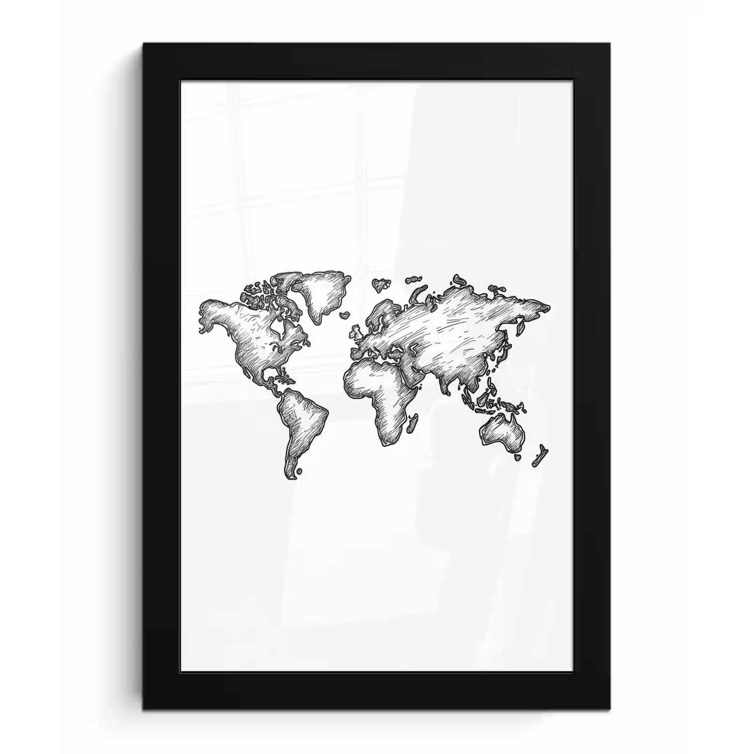 Wereldkaart - Schets - Wit - Zwart fotolijst zwart zonder passe partout klein -3d