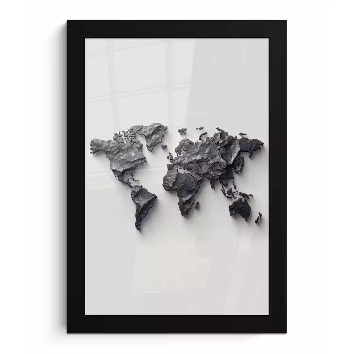 Wereldkaart - Steen - 3D fotolijst zwart zonder passe partout klein -3d