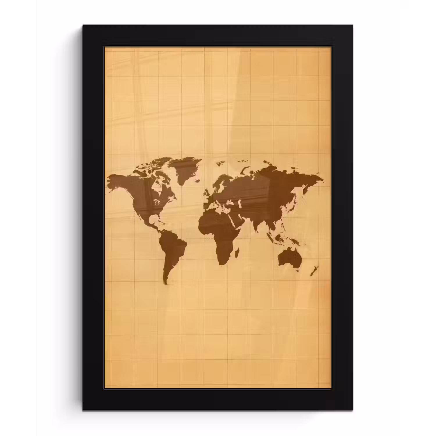 Wereldkaart - Verweerd raster - Bruin fotolijst zwart zonder passe partout klein -3d