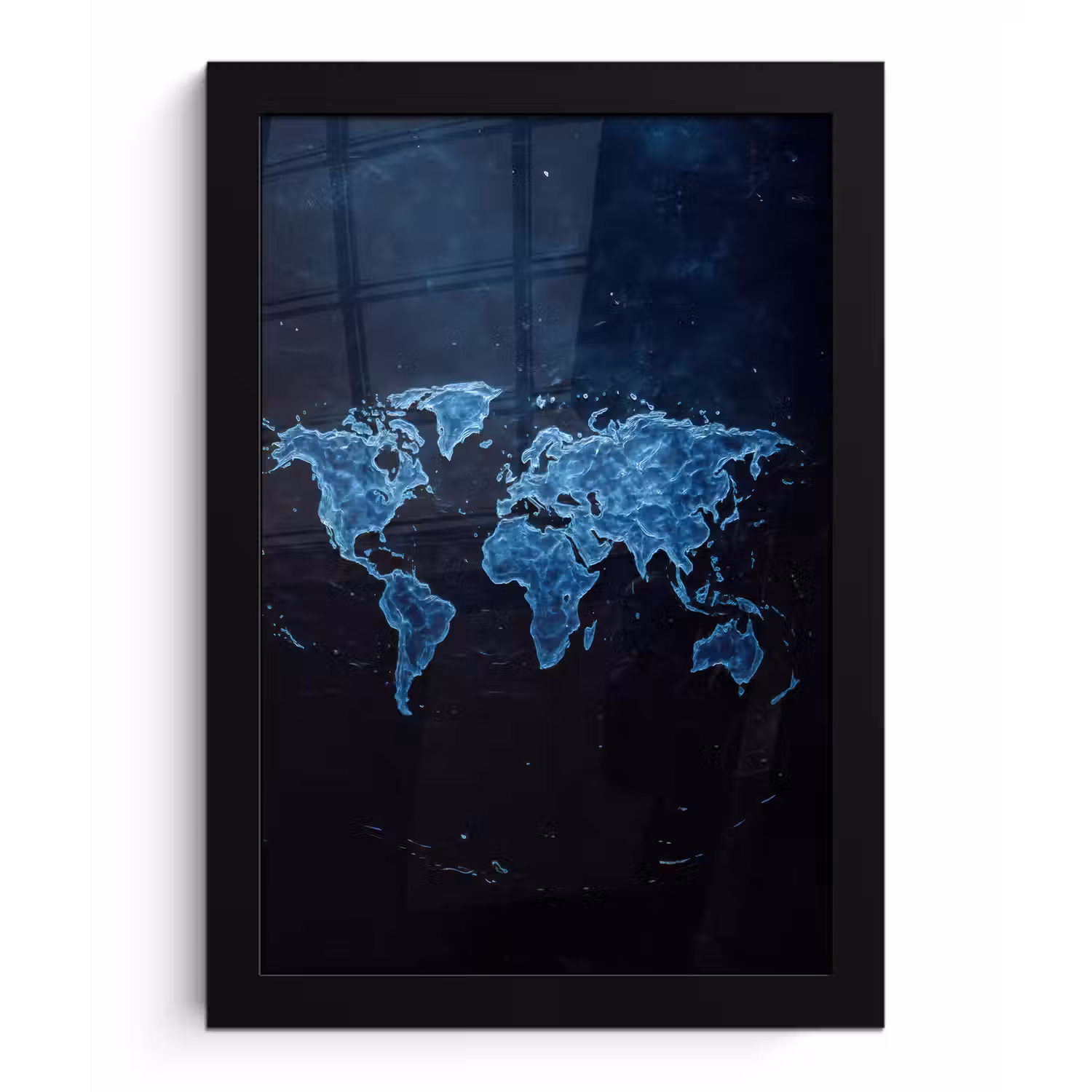 Wereldkaart - Waterstructuur - Blauw fotolijst zwart zonder passe partout klein -3d