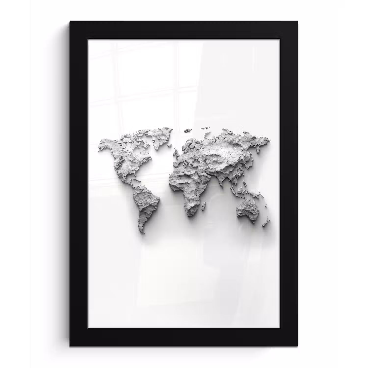 Wereldkaart - Wit - Betonstructuur fotolijst zwart zonder passe partout klein -3d