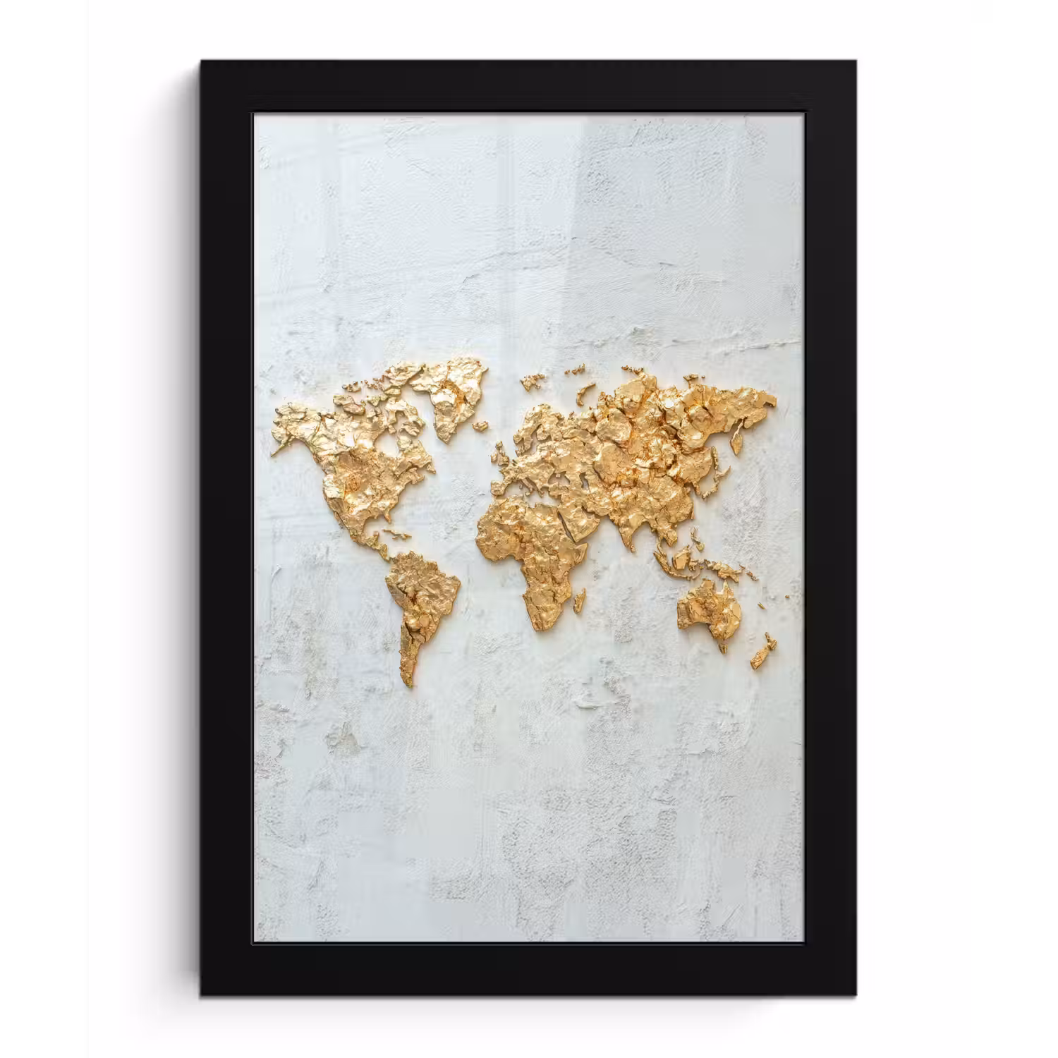 Wereldkaart - Wit beton - Bladgoud fotolijst zwart zonder passe partout klein -3d