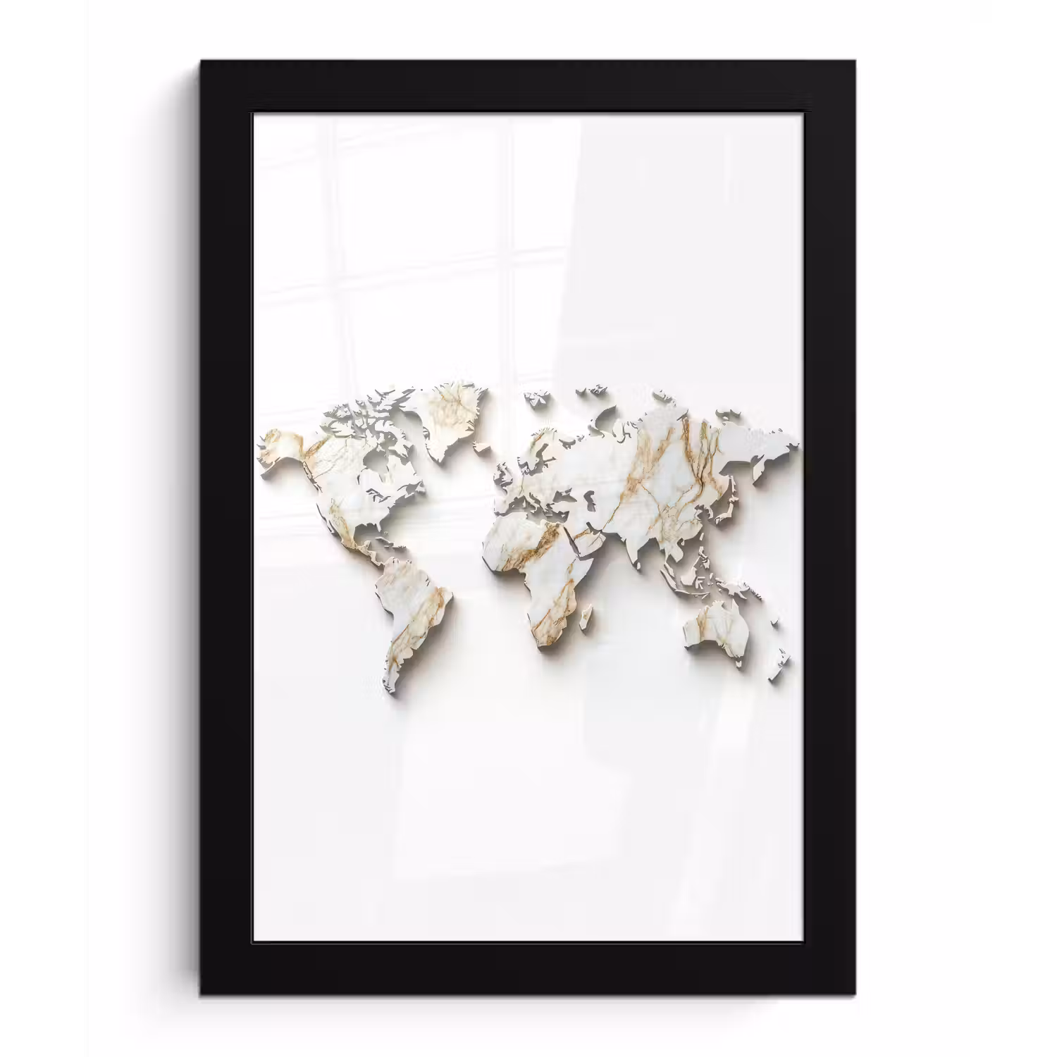 Wereldkaart - Wit Marmer - Luxueus fotolijst zwart zonder passe partout klein -3d