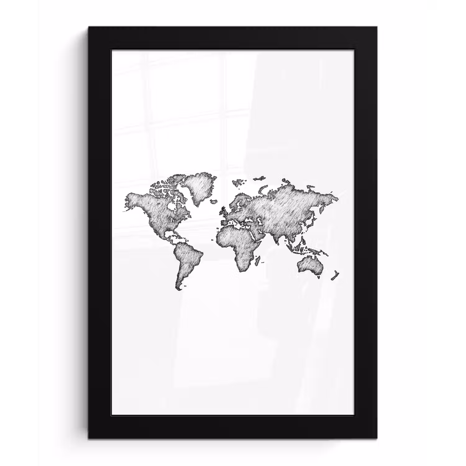 Wereldkaart - Tekening - Zwart - Wit fotolijst zwart zonder passe partout klein -3d