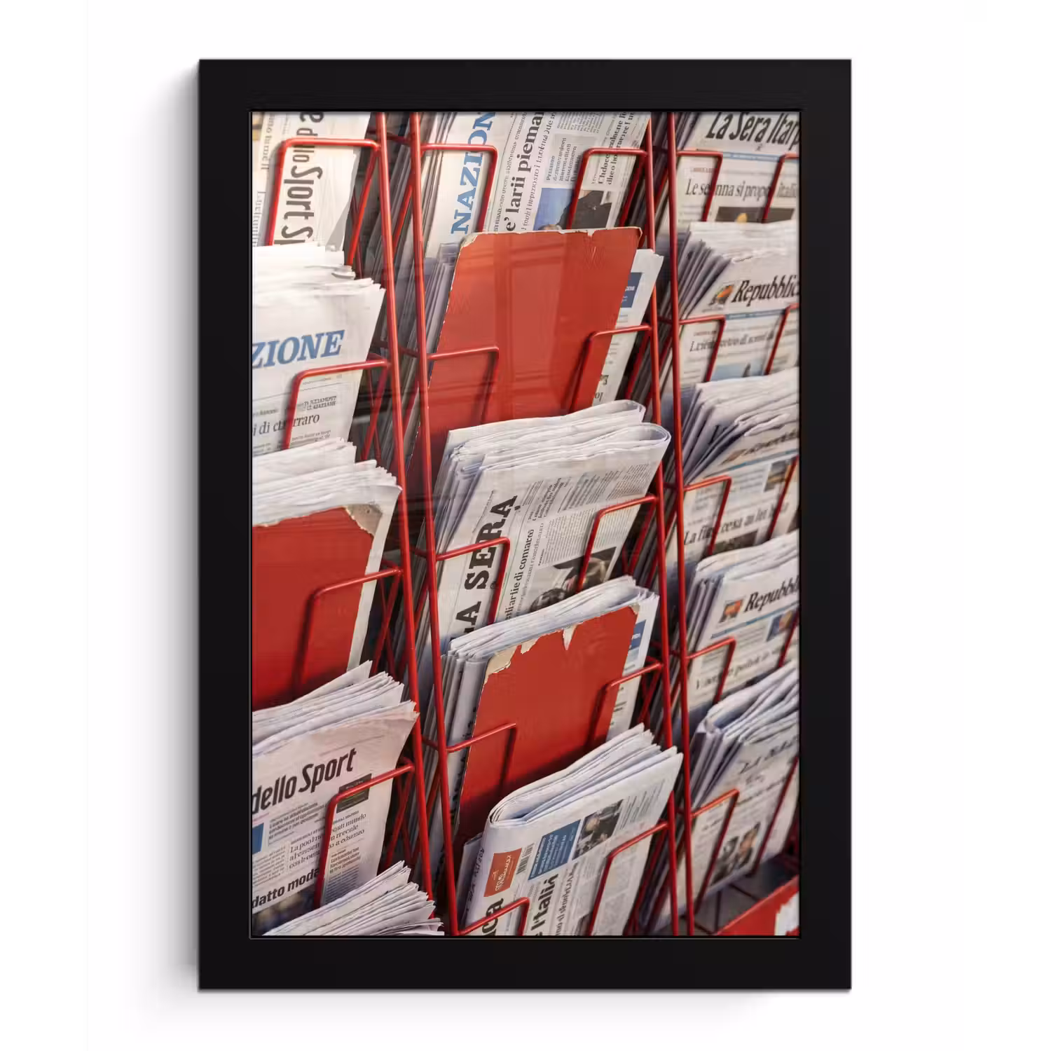 Kranten - Rek - Stedelijk - Dagelijks leven - Rood fotolijst zwart zonder passe partout klein -3d