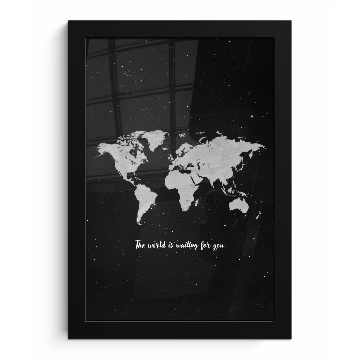Quote - Wereldkaart - Zwart fotolijst zwart zonder passe partout klein -3d