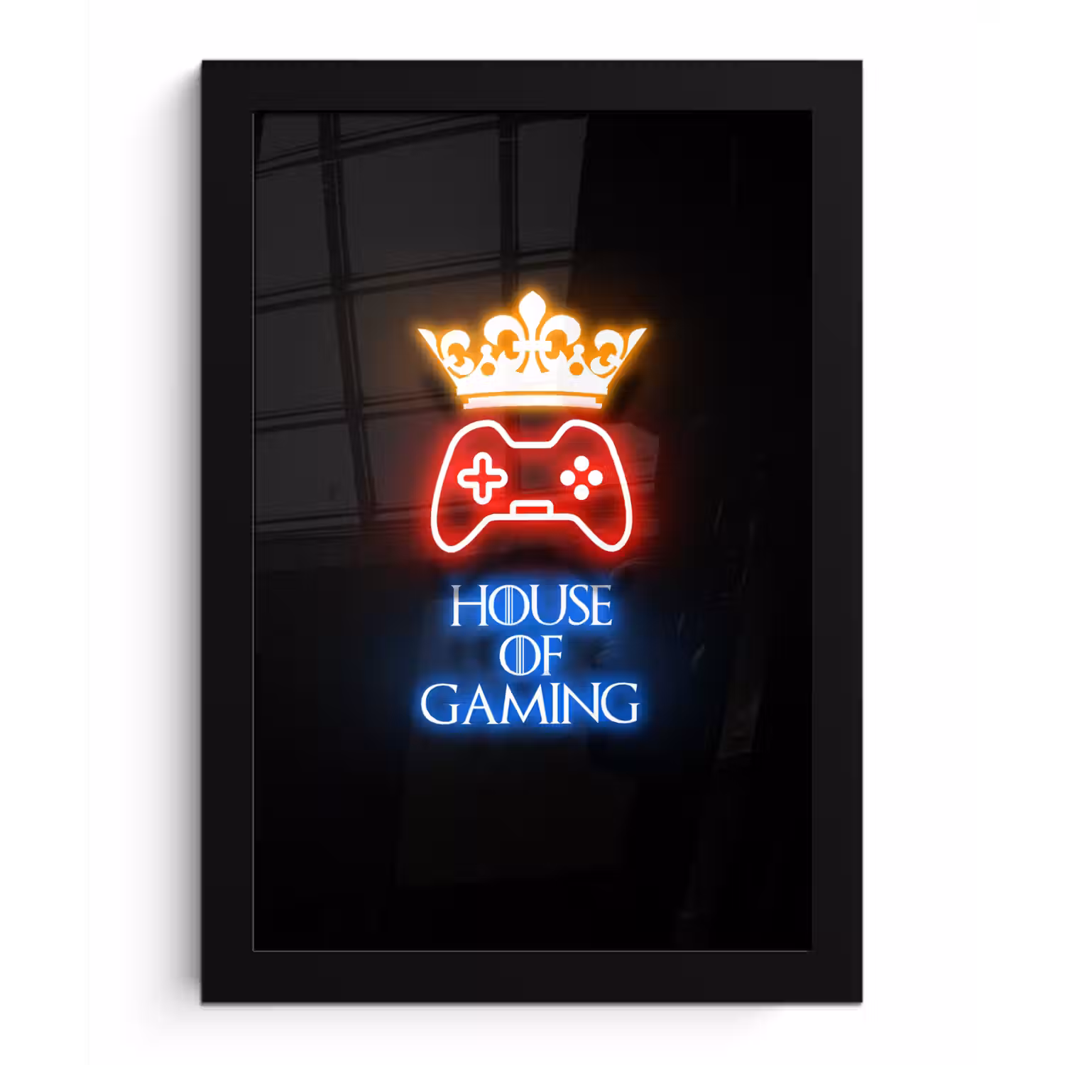 Gaming quotes - Neon - House of gaming - Kroon - Tekst fotolijst zwart zonder passe partout klein -3d