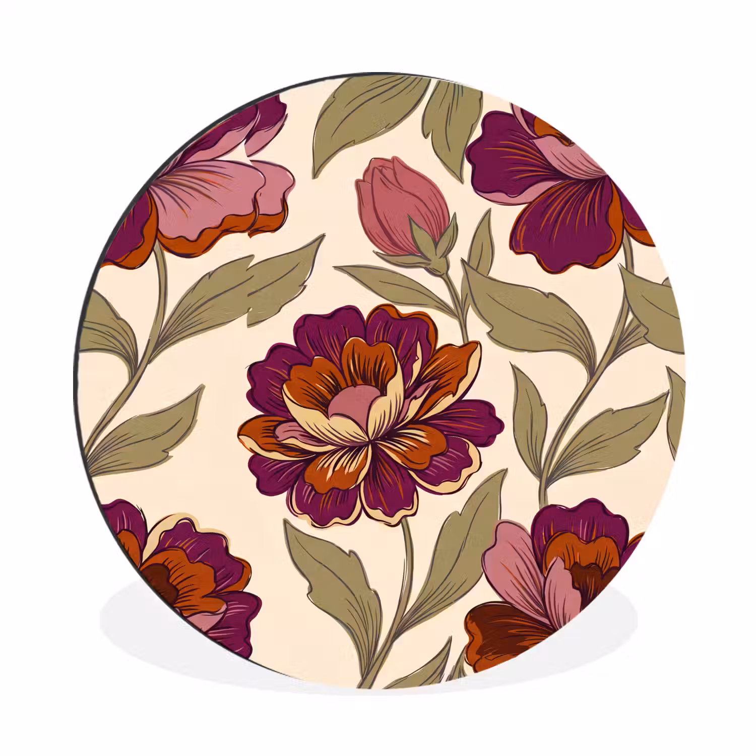 Bloemen - Patroon - Natuur - Modern - Paars Wandcirkel aluminium klein -3d