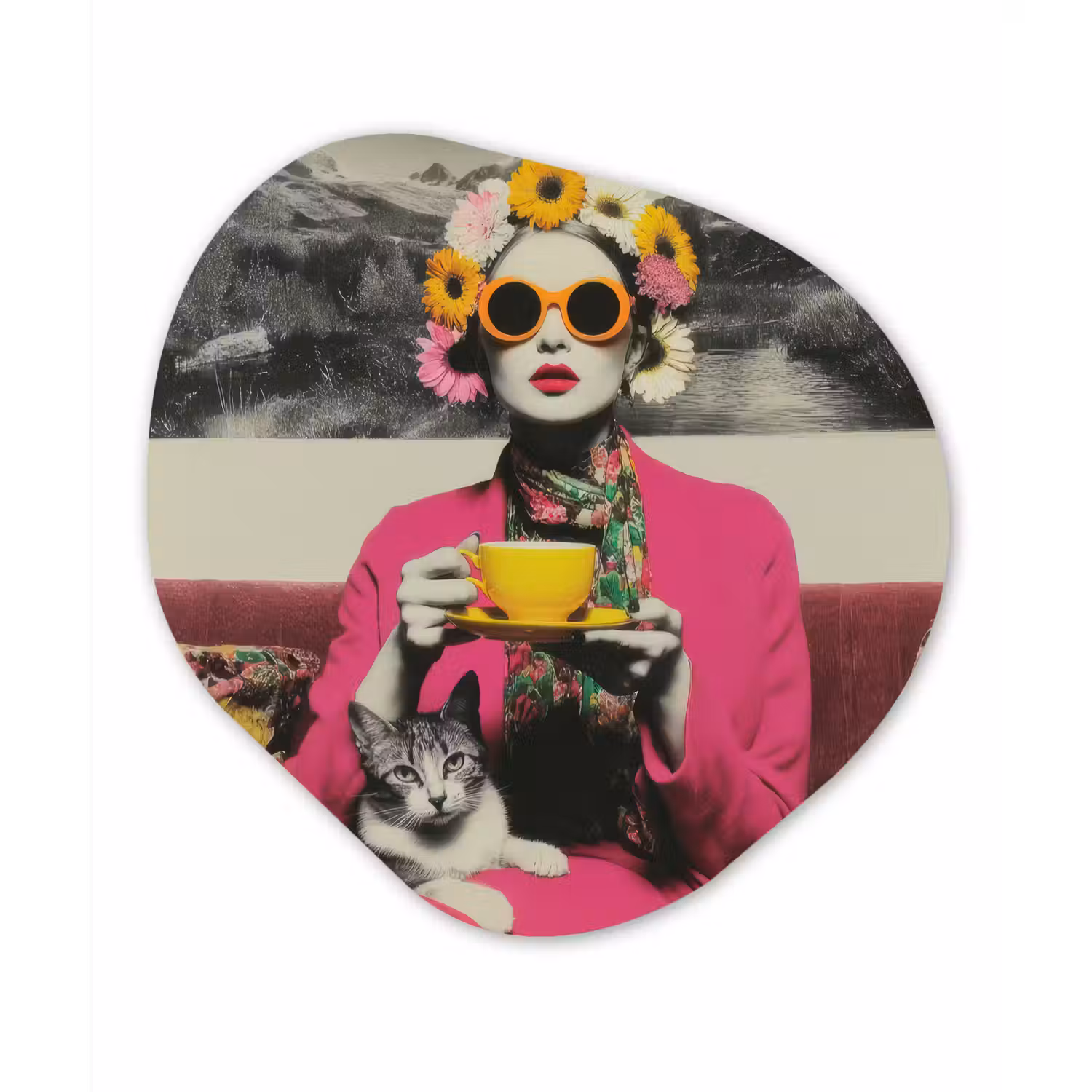 Vrouw - Kat - Bloemen - Kopje - Retro Wandcirkel Organisch Forex 3mm klein -3d