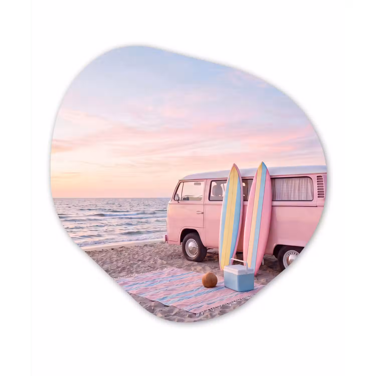 Busje - Strand - Surfplank - Zomer - Roze Wandcirkel Organisch Forex 3mm klein -3d