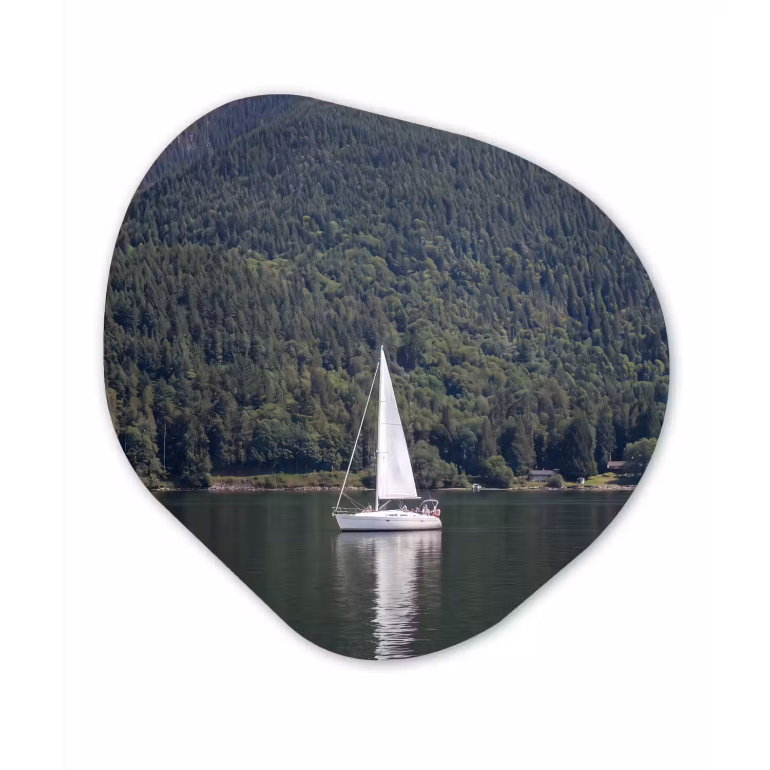 Zeilboot - Water - Bergen - Natuur - Groen Wandcirkel Organisch Forex 3mm klein -3d