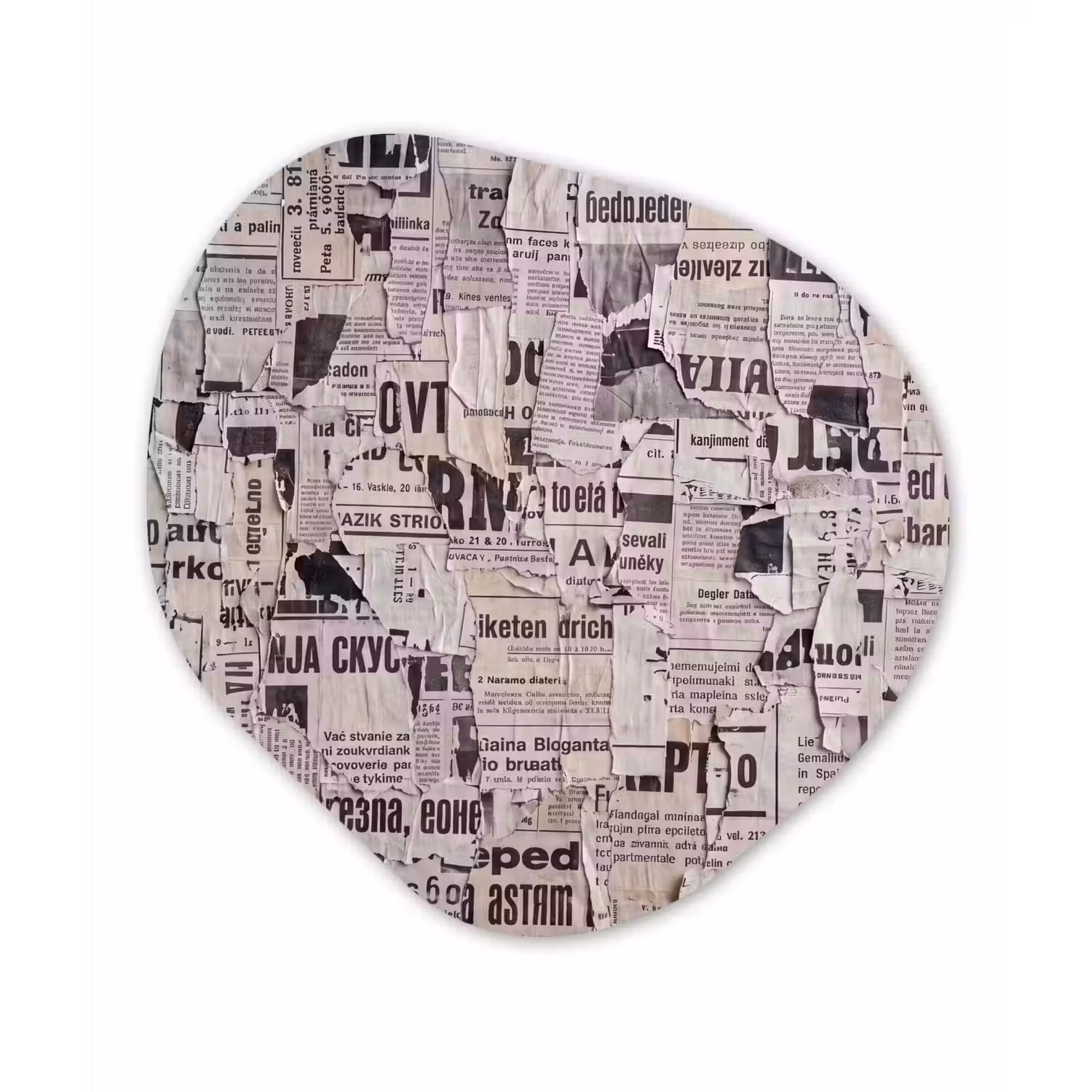 Krant - Gescheurd - Textuur - Abstract - Zwart-wit Wandcirkel Organisch Forex 3mm klein -3d