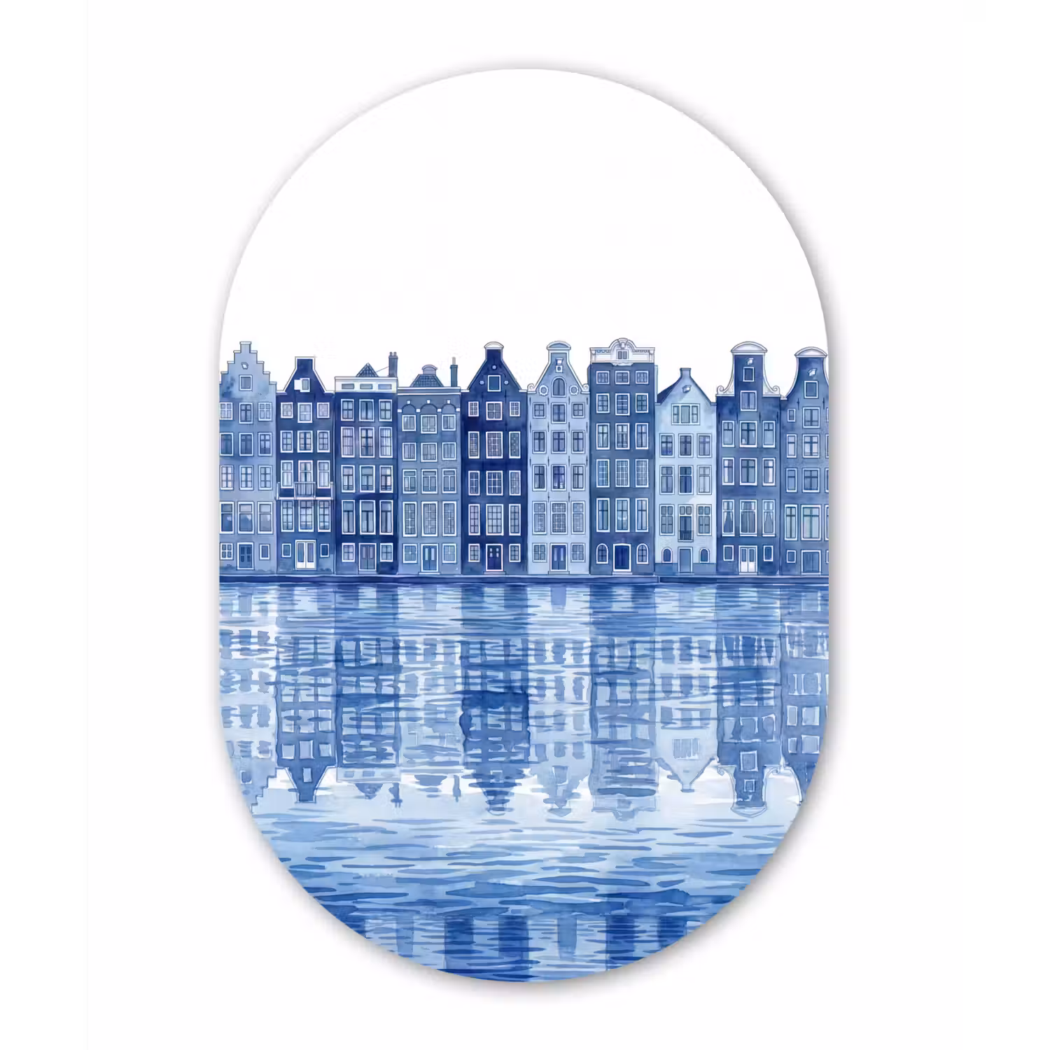 Aquarel - Grachtenpanden - Delfts - Blauw Wandcirkel Ovaal Forex klein -3d