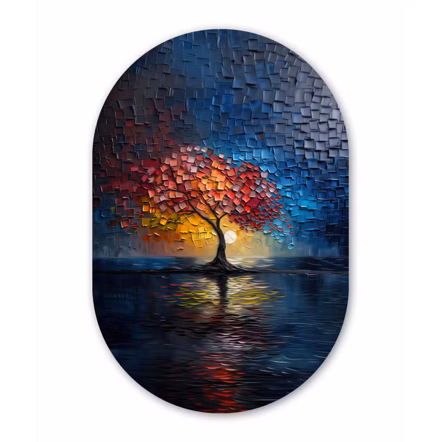 Boom - Blauw - Bladeren - Vakken Wandcirkel Ovaal Forex klein -3d