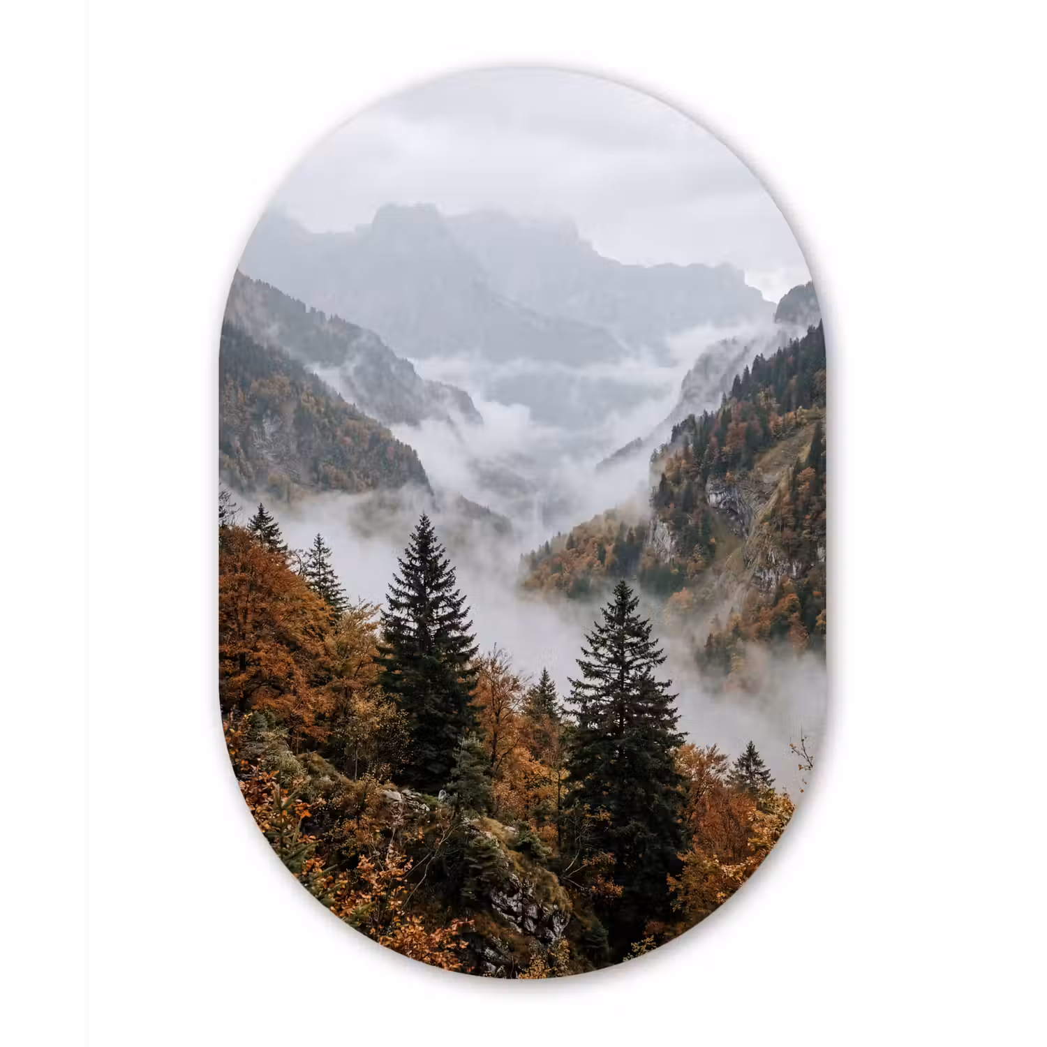 Bergen - Vallei - Mist - Herfst - Natuur Wandcirkel Ovaal Forex klein -3d
