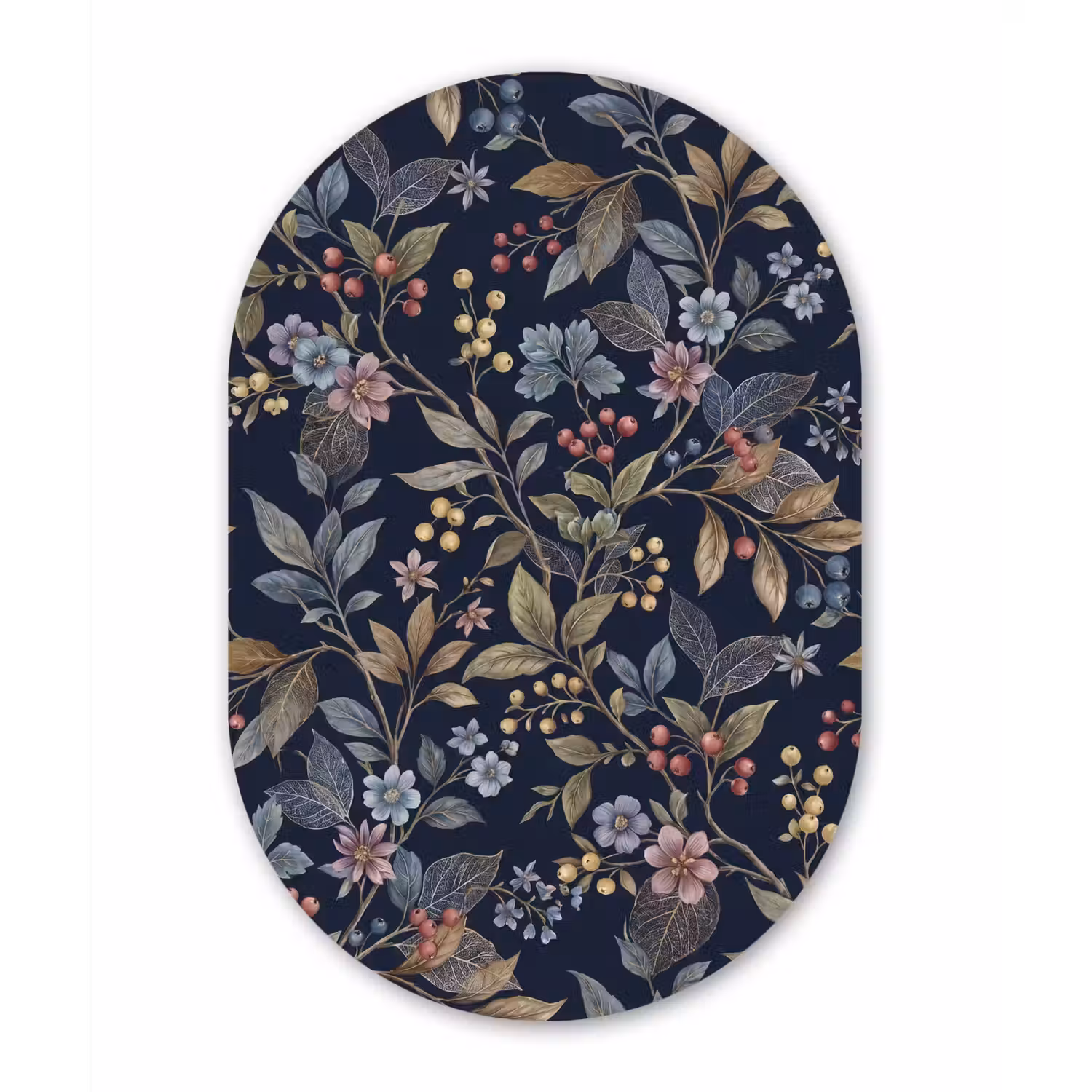 Bloemen - Bladeren - Patroon - Botanisch - Donkerblauw Wandcirkel Ovaal Forex klein -3d