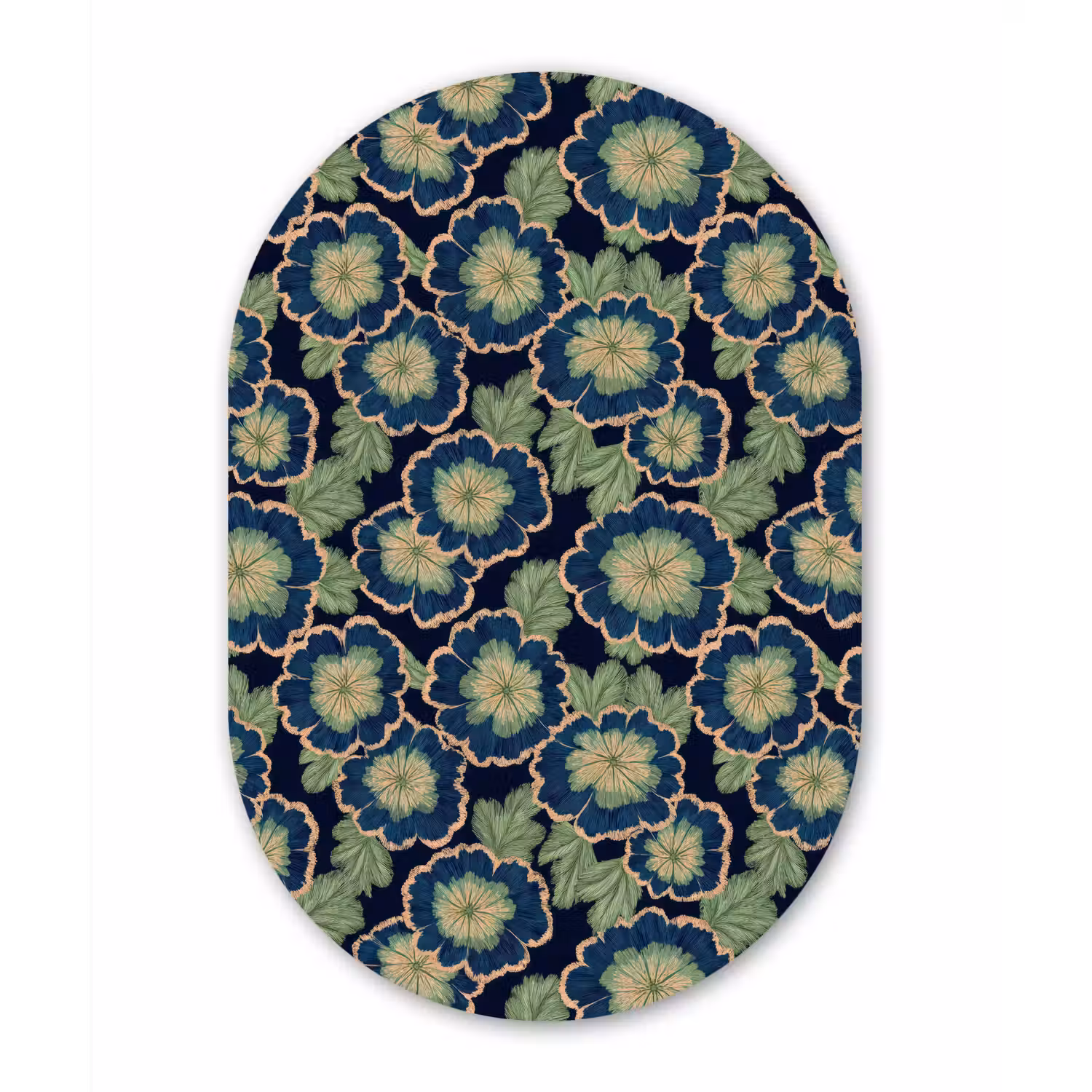Bloemen - Borduurwerk - Patroon - Blauw - Groen Wandcirkel Ovaal Forex klein 630 -3d