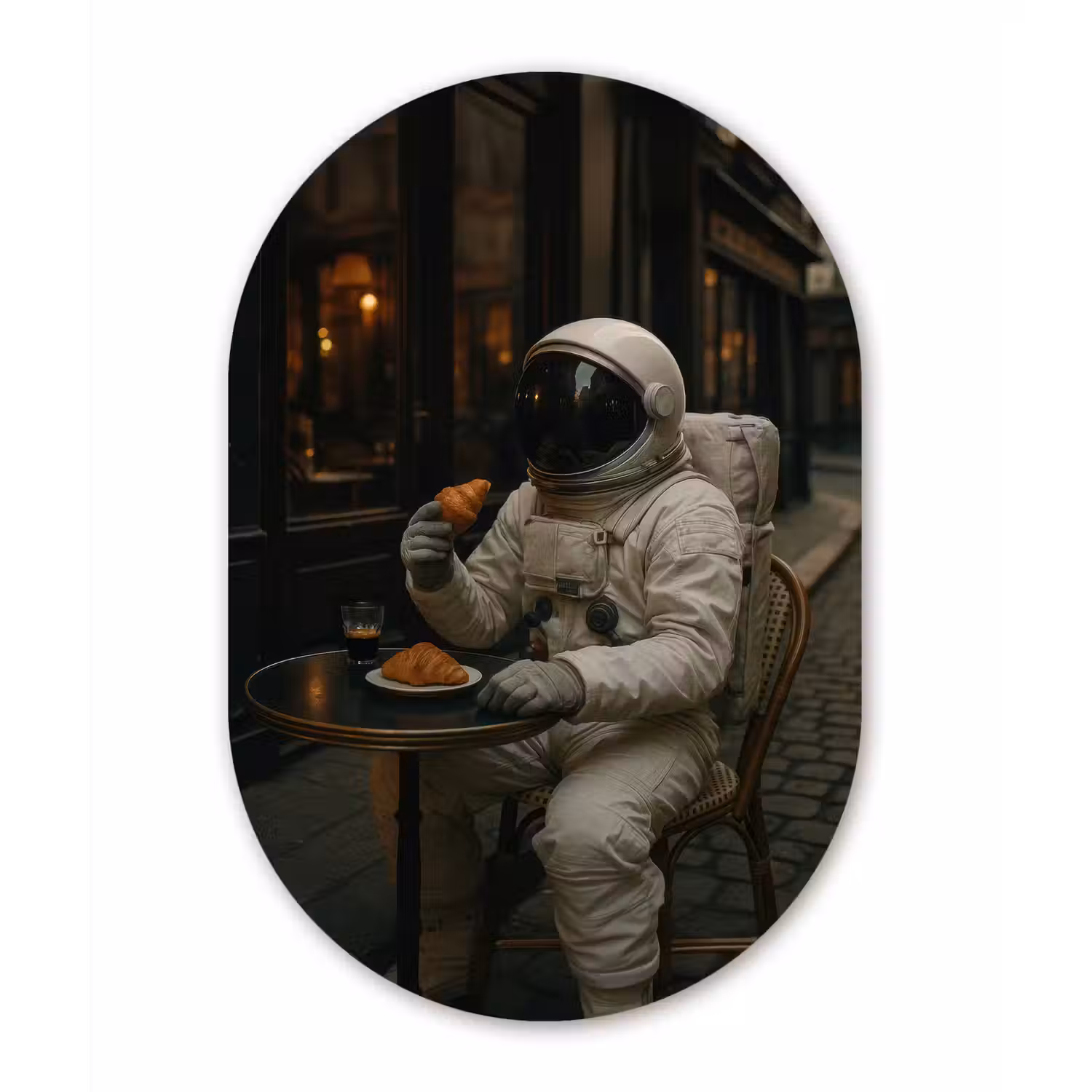 Café - Croissant - Koffie - Astronaut Wandcirkel Ovaal Forex klein -3d
