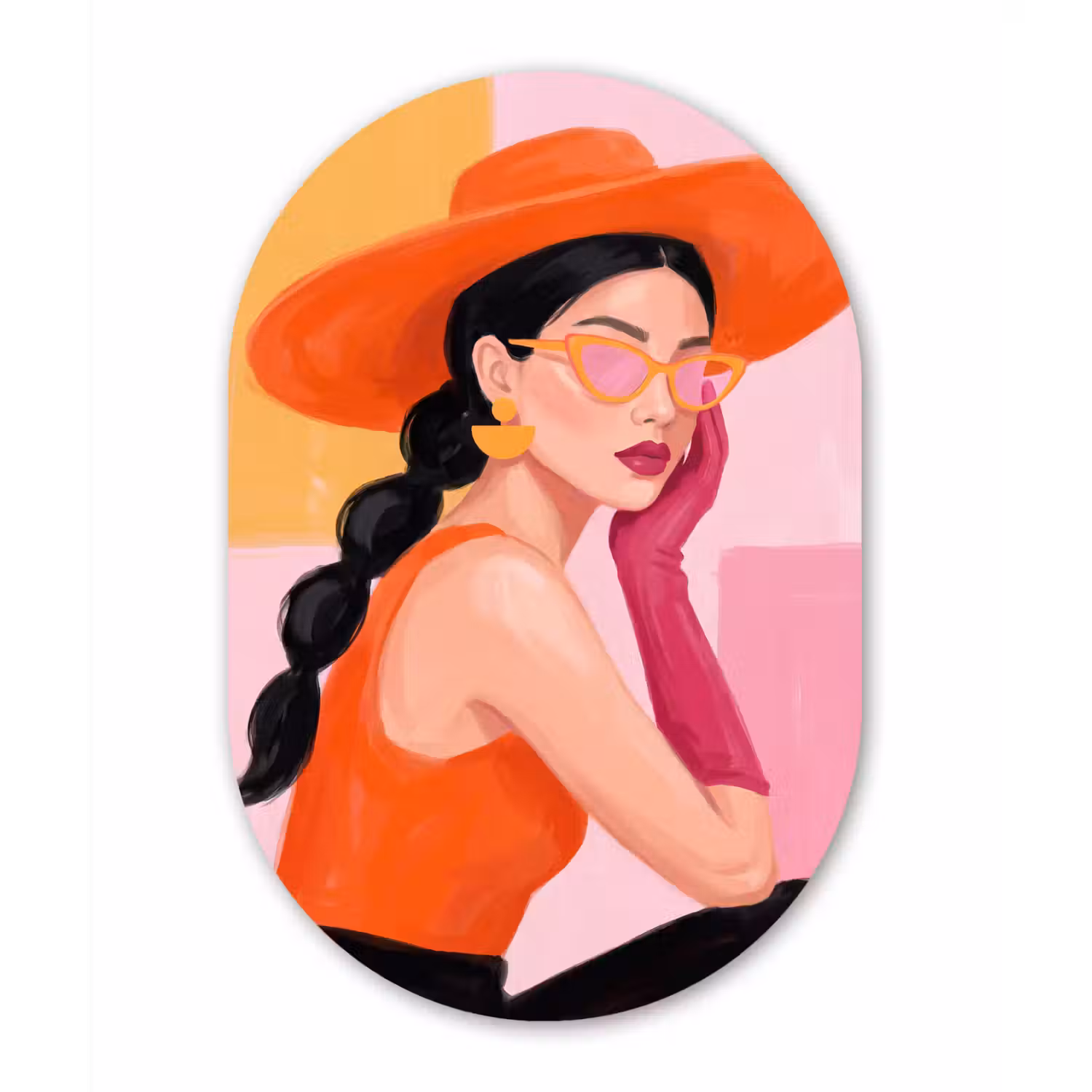 Vrouw - Hoed - Mode - Modern - Oranje Wandcirkel Ovaal Forex klein -3d