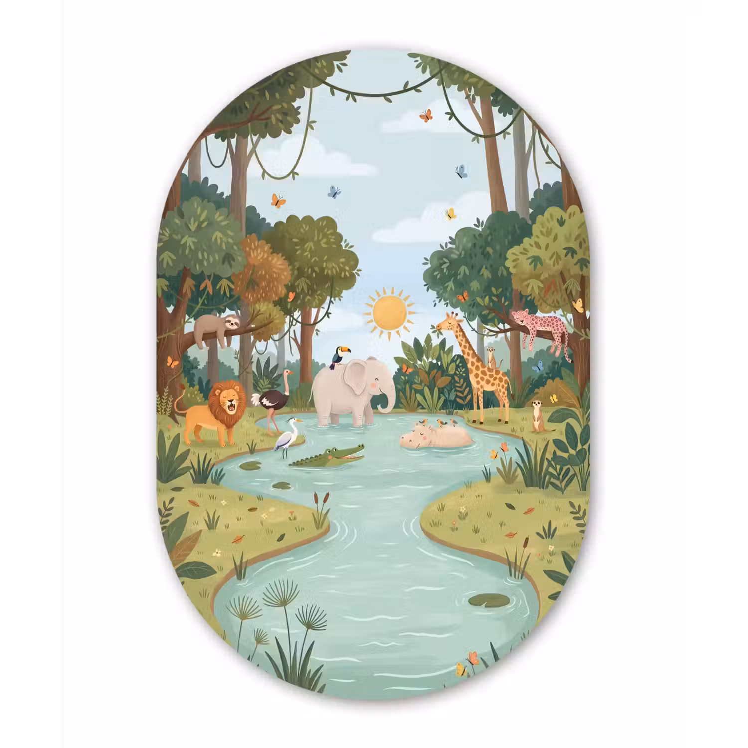 Jungle - Oase - Dieren - Kleurrijk Wandcirkel Ovaal Forex klein -3d